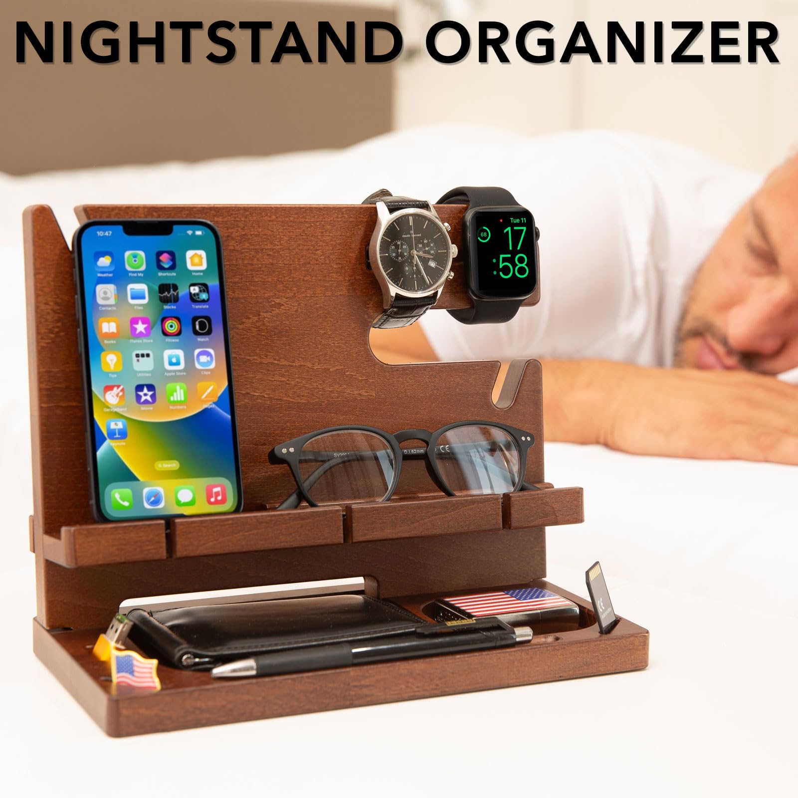 Greta Oto Station de Charge en Bois pour Téléphone Personnalisé, Tablette, Montre, Portefeuille, Organisateur Support Rangement Bureau, Table de Nuit, Cadeaux Hommes (Beige)