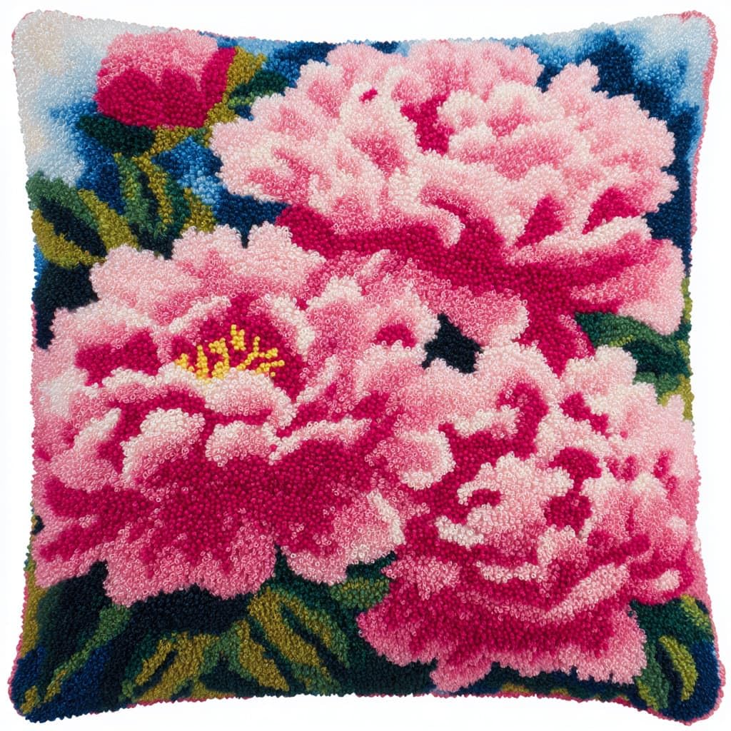 Taxpy Latch Hook Kits, Peony Flowers Cushion Craft Kits Pillow Cover Making Crochet Pre Printed Canvas Needlework Latch Hook Cushion Cover Kits,43x43cm