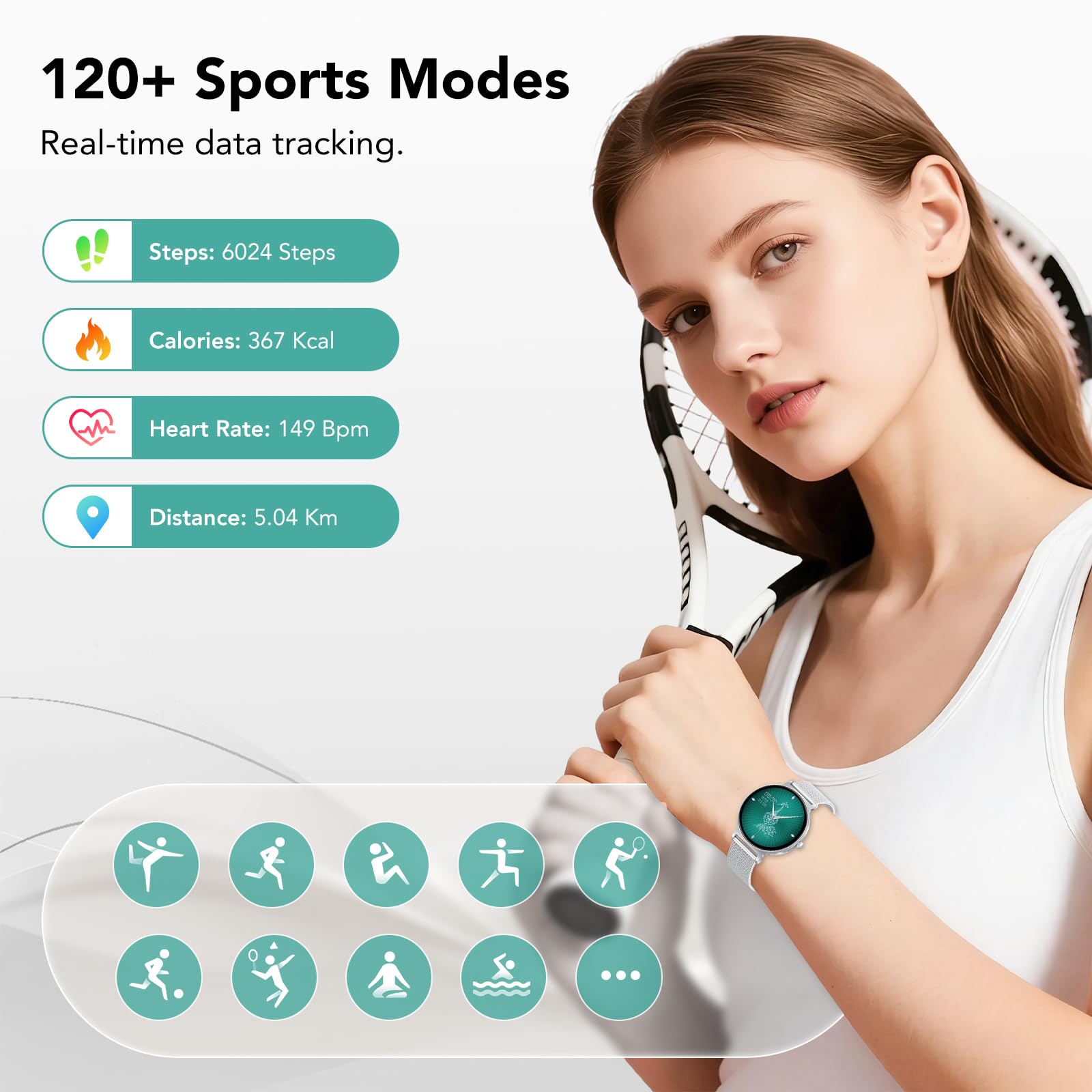 Smartwatch Damen mit Telefonfunktion, 1,27-Zoll AMOLED-HD Voll-Touchscreen Smartwatch, 120+ Sportmodi, IP68 Wasserdicht Fitness Tracker mit Herzfrequenz, Schlafmonitor für iOS Android, Silber