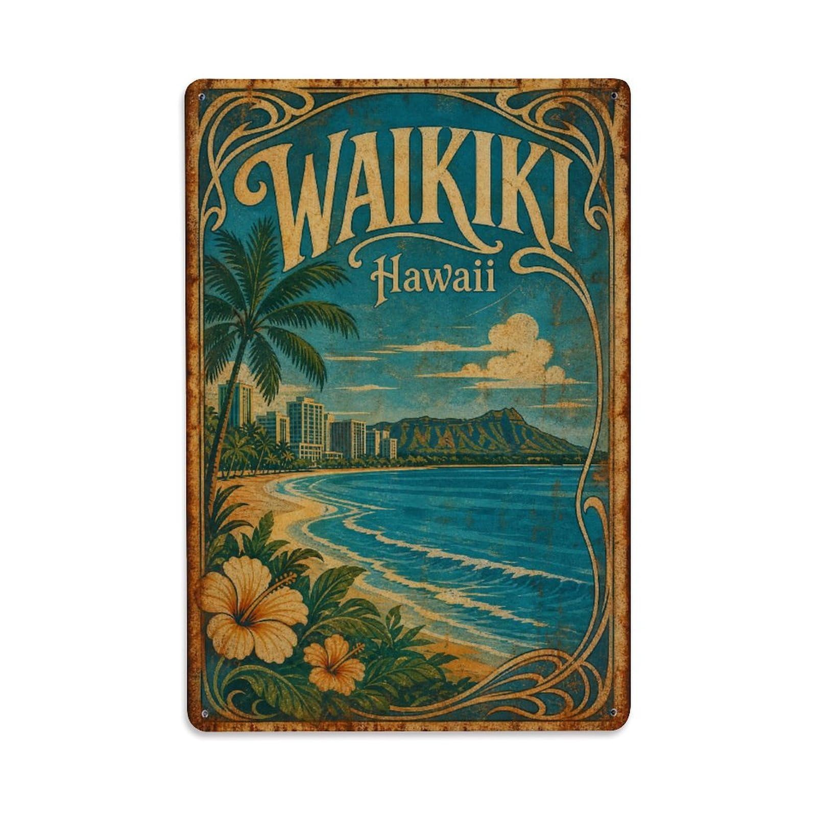 Hawaii Waikiki Ocean Seascape Island Lagoon Travel Metal Tin Sign