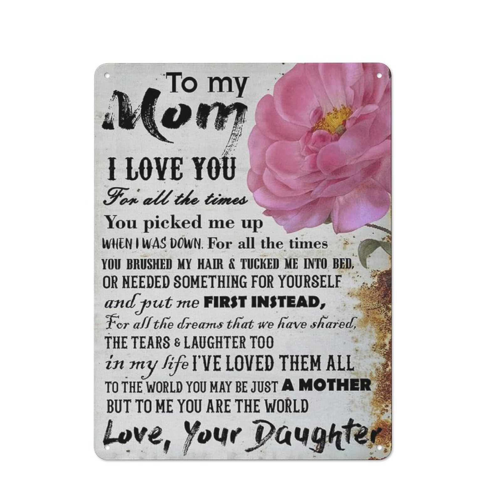 Rustic Metal Tin Sign, Daughter Love Confession Mom Wall Art, Floral Art Printed Poster, Warm Home Bedroom Decor Gift for Mother, 12x8 Inch