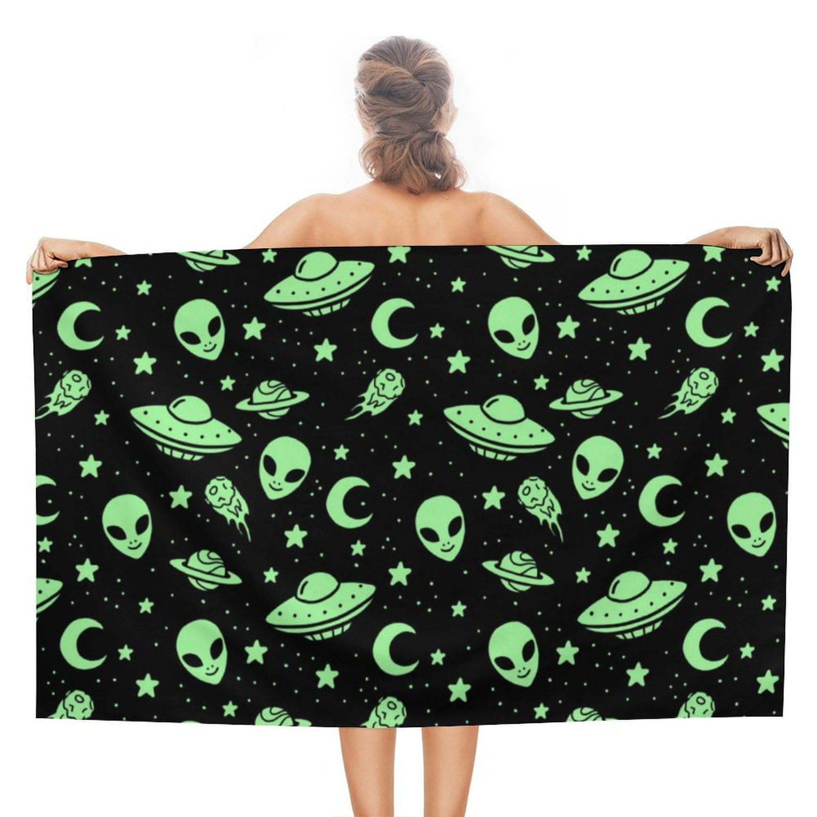 LEDFCVSU Beach Towel, Green Alien Moon UFO Bath Towel, Absorbent Towel for Swimming, Sports, Travel