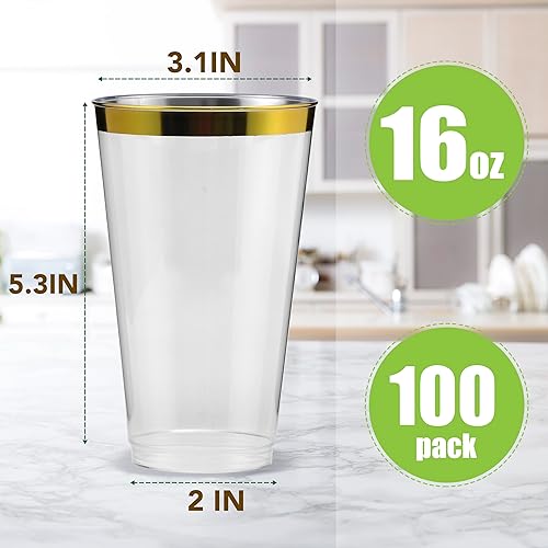 Miniatura 2 de YOUTHSHIP 100 vasos de plástico desechables de 16 onzas con borde dorado, elegantes tazas de boda, tazas de fiesta de cumpleaños, tazas de baby