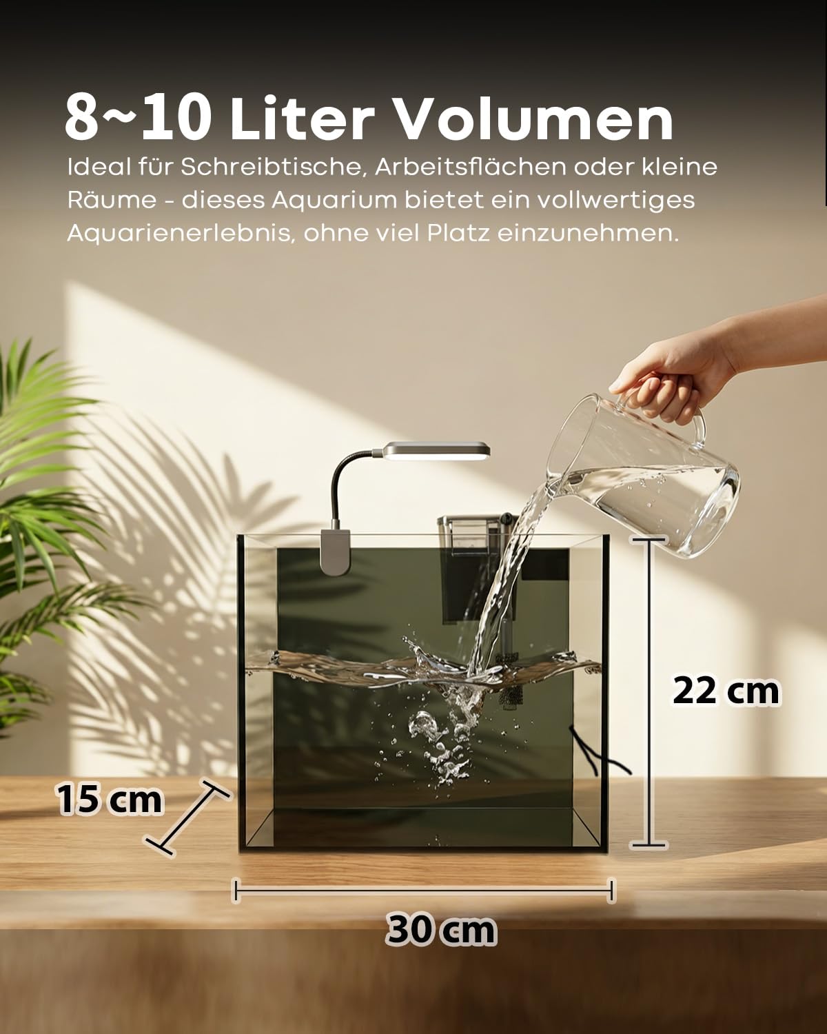 Aquarium Desktop-Set 10L Kleines Fischbecken 30x15x22, Ultra-Klares Glas mit Selbstreinigungsfilter, Helles Licht, Heizung, Steine,Kies, Reinigungswerkzeug, Randloses Fischglas für Anfänger Starterkit