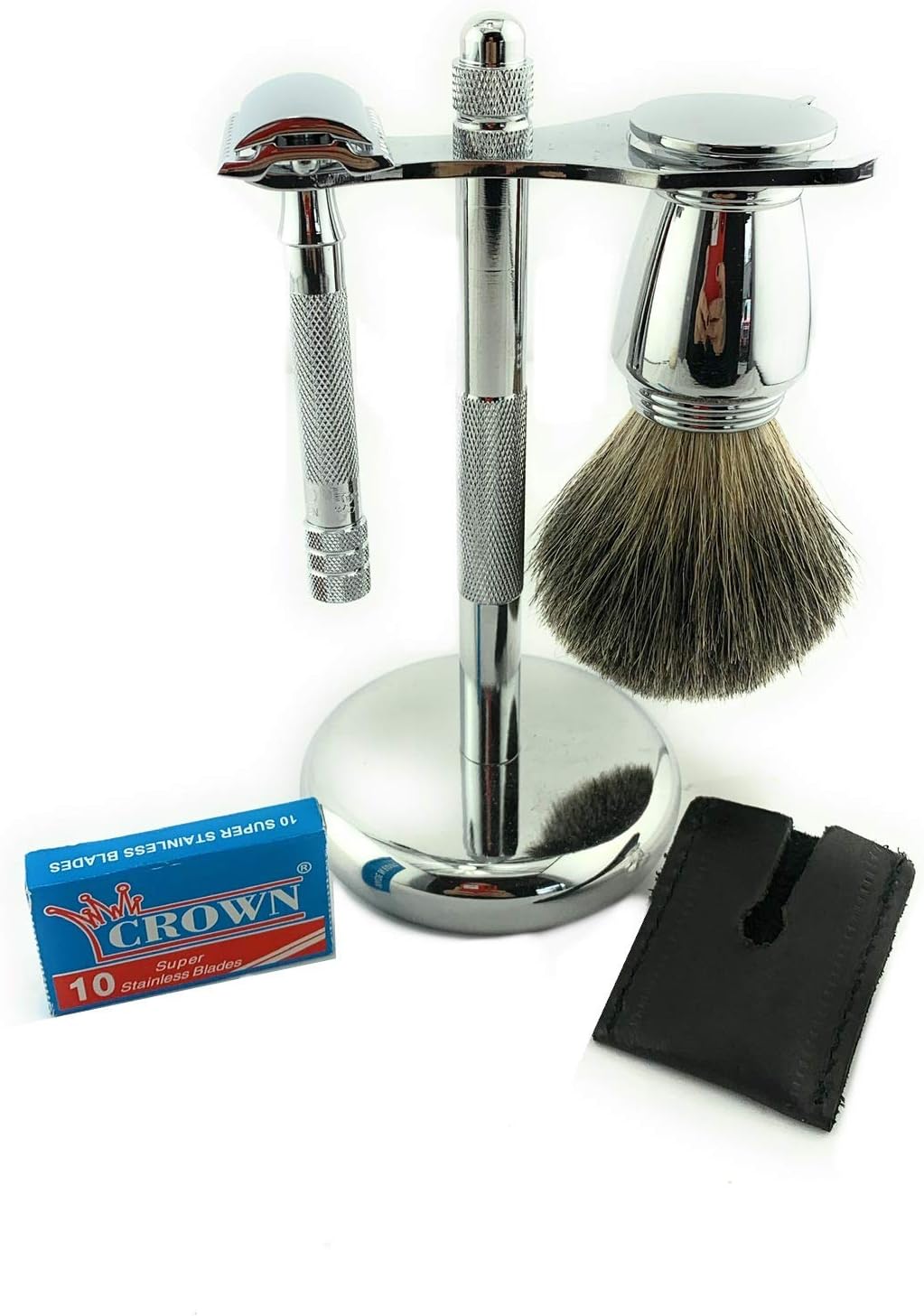 G.B.SShaving Set 33c DE Safety Razor, Chrome Shaving Brush and Dual Stand for Razor and Shaving Brush, Razor Head Sleeve and 10 Pack of Blades