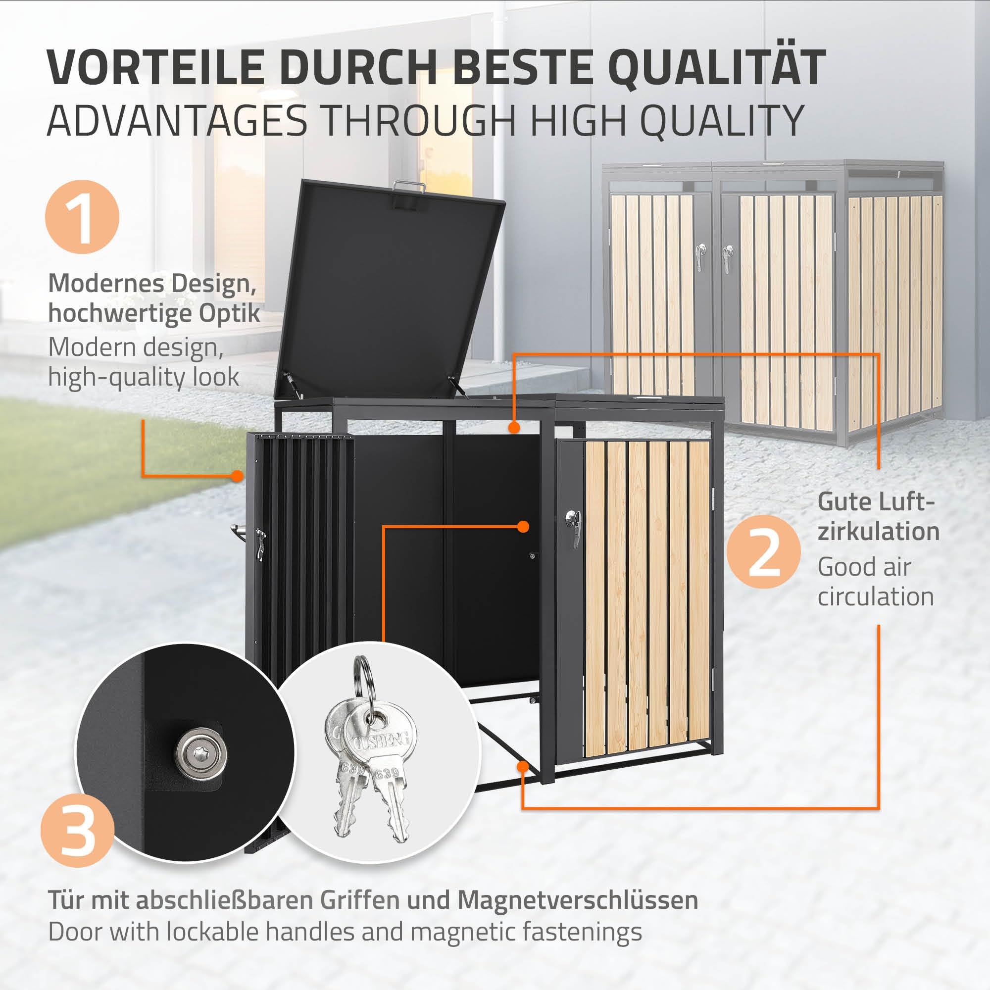 ML-Design Mülltonnenbox 3er 240L, Mülltonnenverkleidung für 3 Mülltonnen, Müllbox wetterfest, Mülltonnenhaus aus Stahl, Müllcontainer mit Deckel, abschließbare Tür, 200x80x120 cm, Anthrazit-Holzoptik