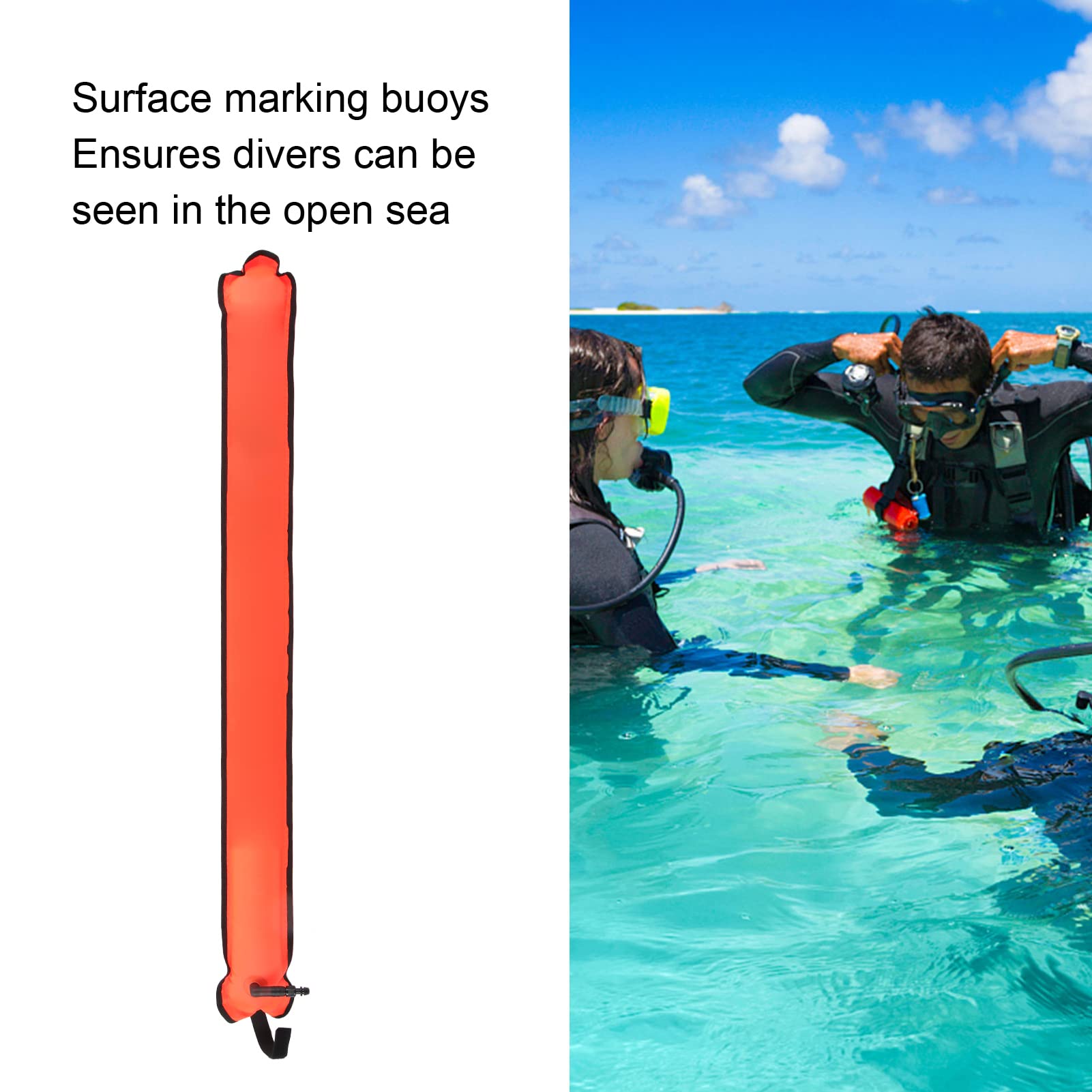 equlup Diving Surfaces Marker Buoy, 124x15.8cm Nylon Mouth Valve Scuba Inflatable Marker Safety Signal Tube Diving Inflatable Buoy with Reflective Strip (Red)