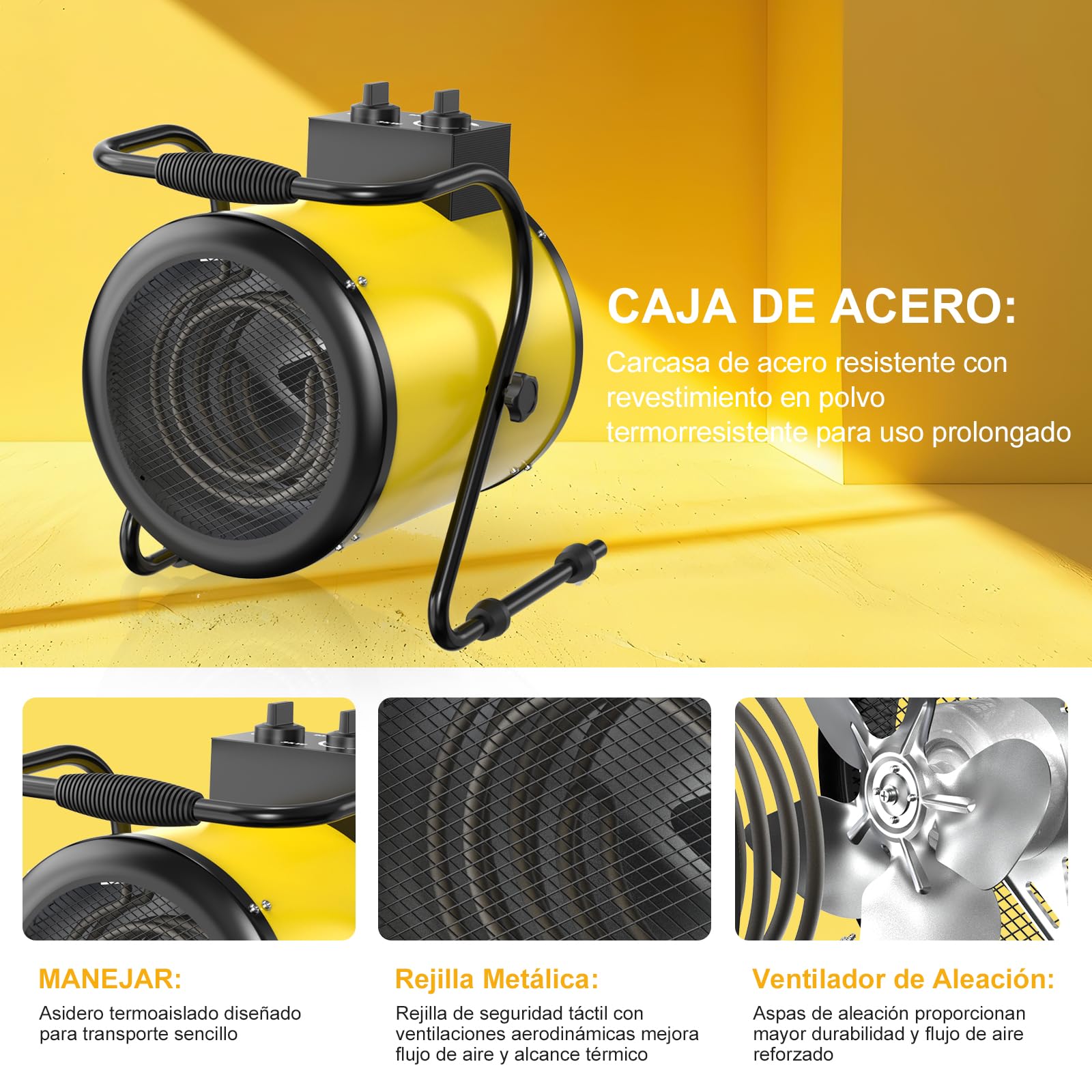 Calefactor Industrial 3000W - Calentador Aire Caliente Portatil - con Ajuste de ángulo de 0 a 25° y Termostato - Apto para Construcción, Garaje e Invernadero