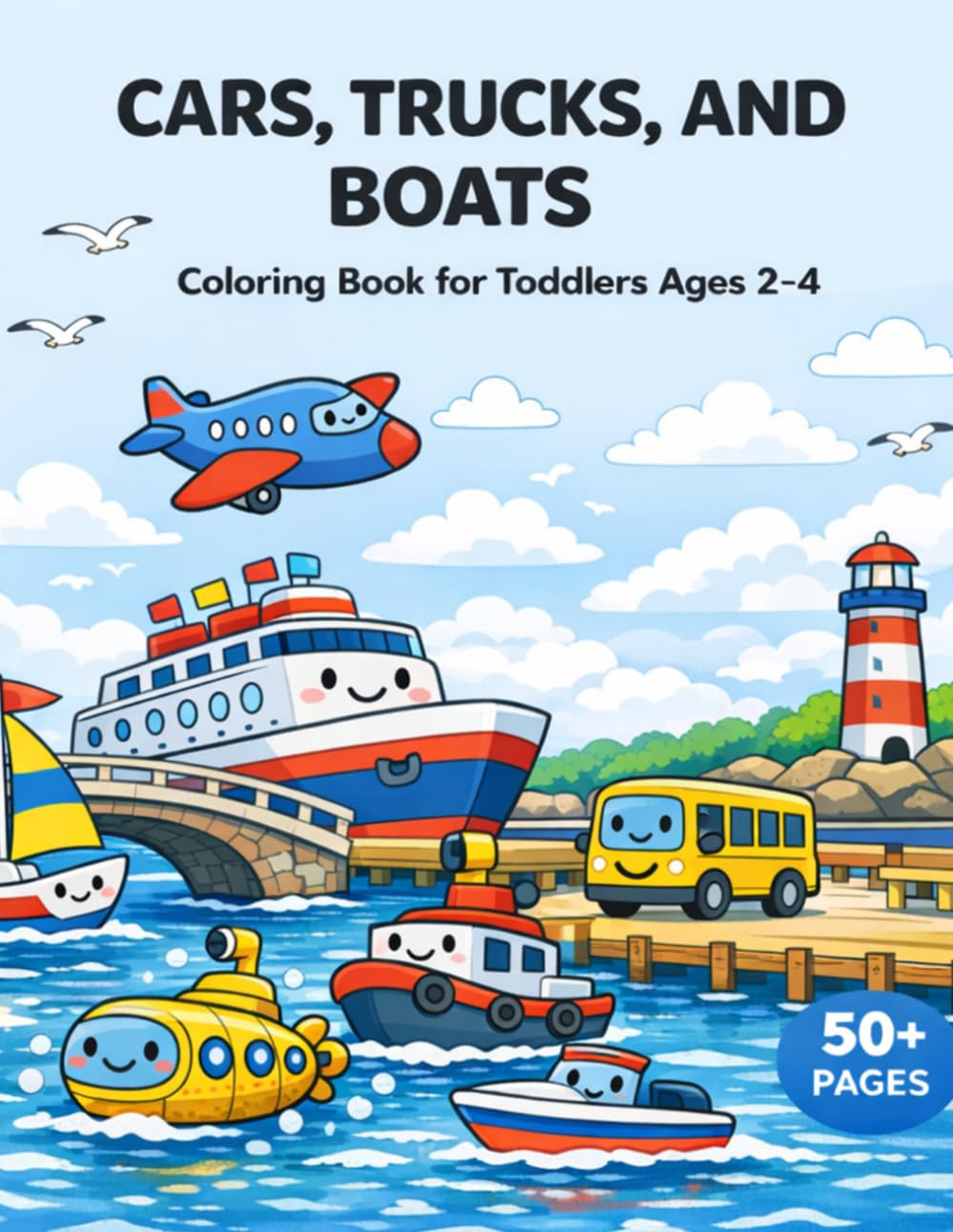 Cars, Trucks, and Boats: Coloring Book for Toddlers Ages 2–4 | 60 Fun and Easy Vehicle Coloring Pages Featuring Cars, Trucks, and Boats | Single-Sided Pages