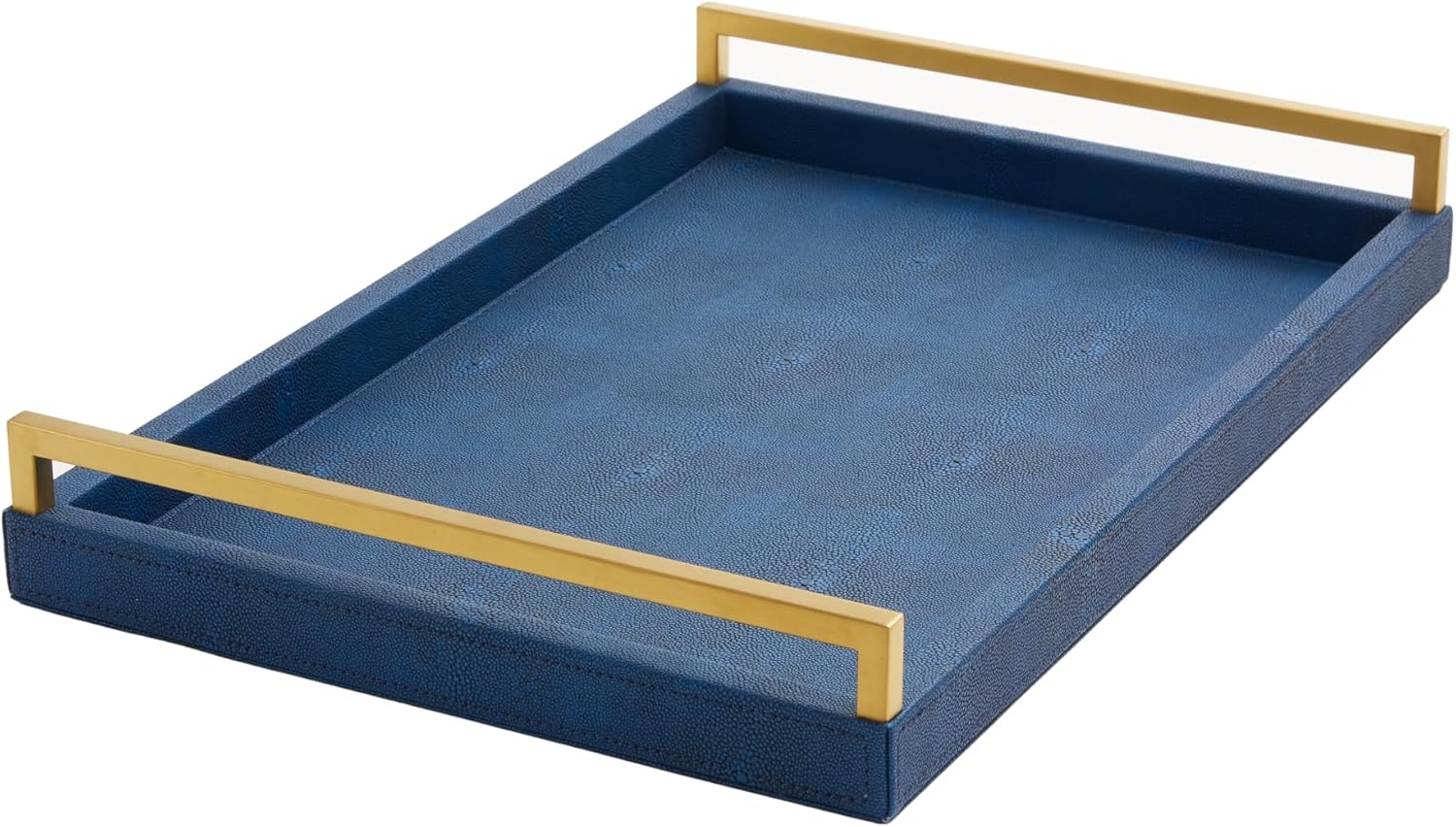 Navy Blue Ottoman Shagreen Leather Coffee Table Tray - Decorative Large Serving Tray With Gold Handles for Dining, Bar, Party, Kitchen Island, Bathroom Vanity