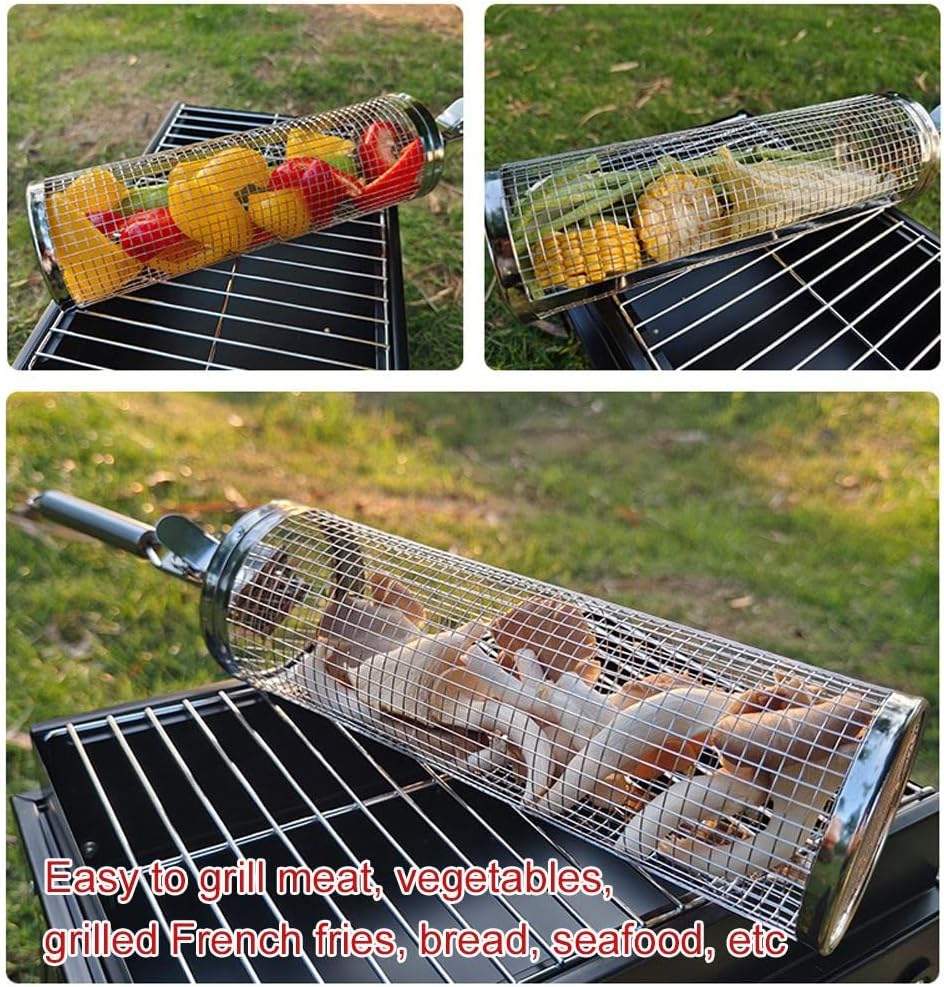 1/2Pcs Rolling Grill Basket, BBQ Grill Basket, Stainless Steel Round Wire Mesh BBQ Tube with Cleaning Brush, Portable Grill Baskets for Vegetables, French Fries, Fish, Versatile BBQ Grill Accessories