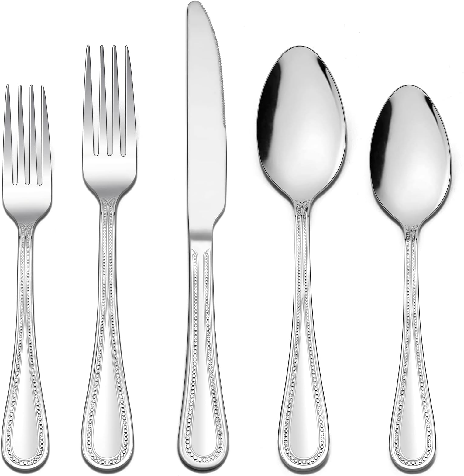LIANYU Silverware Flatware Set for 8, 40-Piece Stainless Steel Eating Utensils with Pearled Edge, Cutlery Tableware for Home Kitchen Restaurant Party, Mirror Finished, Dishwasher Safe