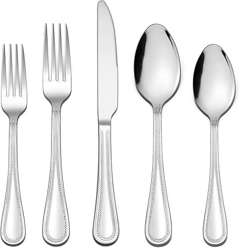 Miniatura 10 de LIANYU Juego de cubiertos de 30 piezas de acero inoxidable para 6, utensilios de cocina de lujo con borde perlado, vajilla de restaurante de cocina