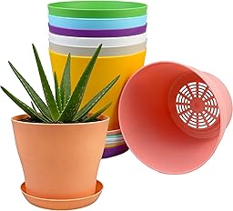 8 Pack Plastic Plant Pots 14cm/5.5-in Flower Pots with Drainage Holes and Tray Modern Decorative Planter Pot Indoor Outdoor Planters for All House Plants(8 Colour)