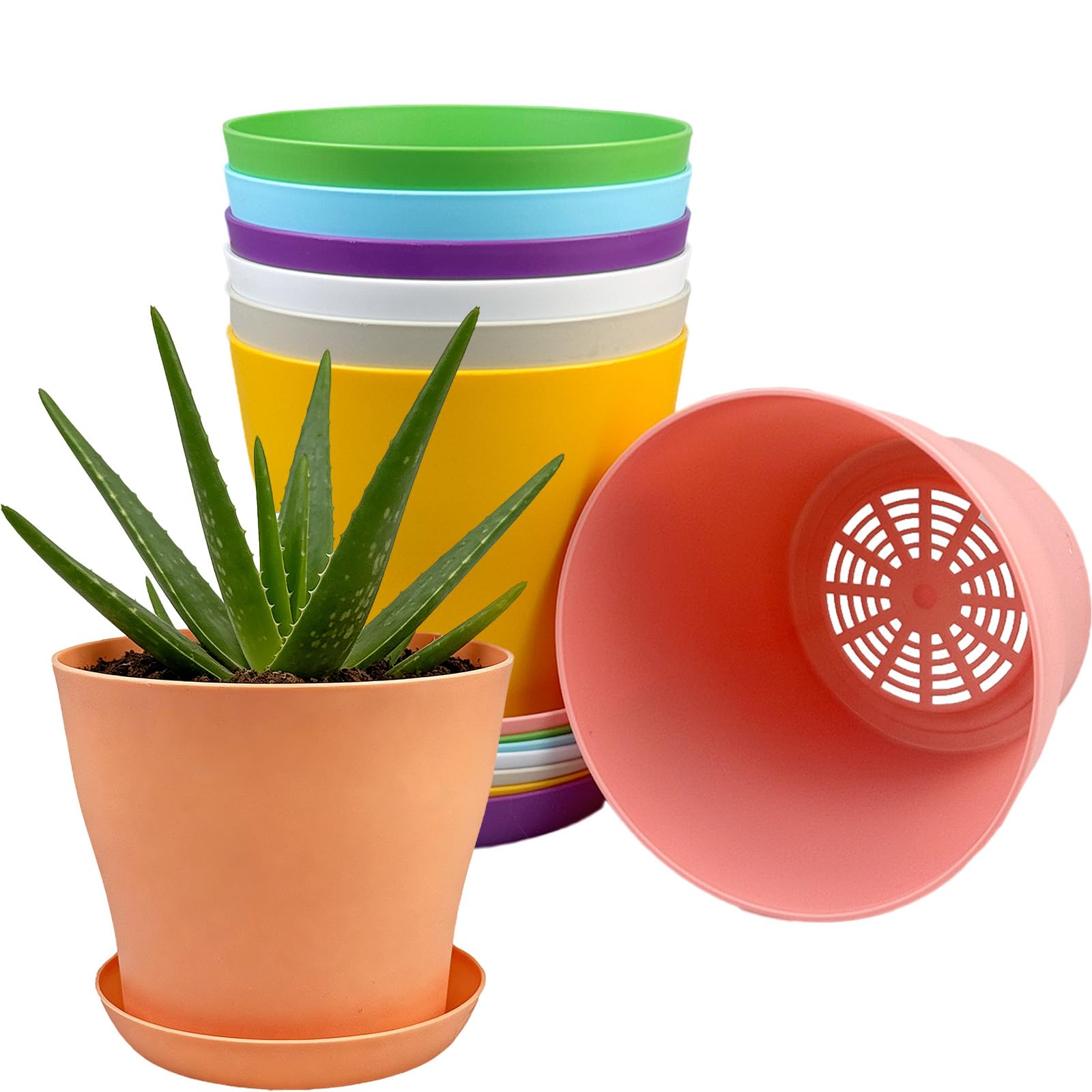 8 Pack Plastic Plant Pots 14cm/5.5-in Flower Pots with Drainage Holes and Tray Modern Decorative Planter Pot Indoor Outdoor Planters for All House Plants(8 Colour)