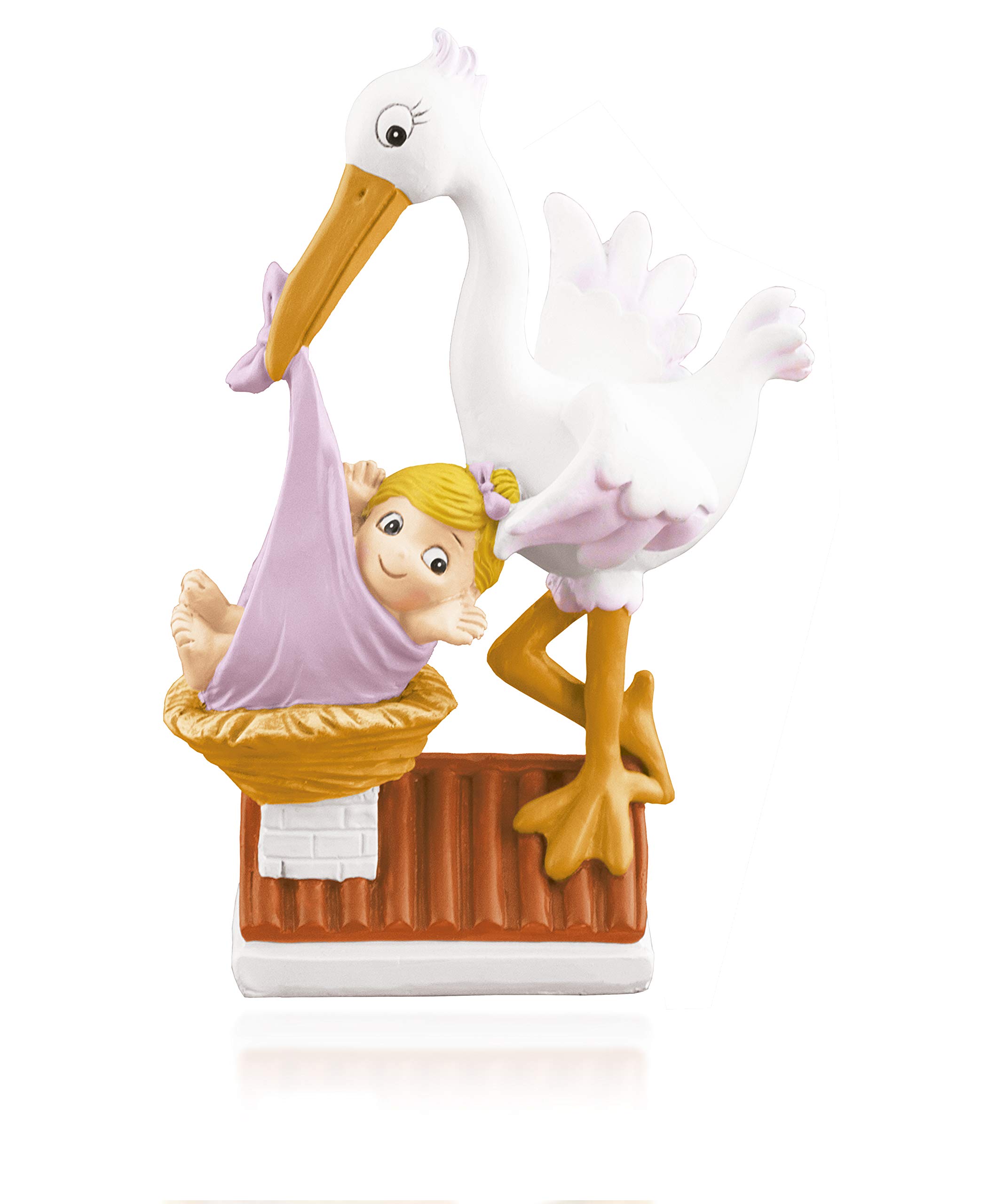 Godie - Figura Bautizo para pastel - Cigüeña rosa, Poliresina, Mod. Tejado
