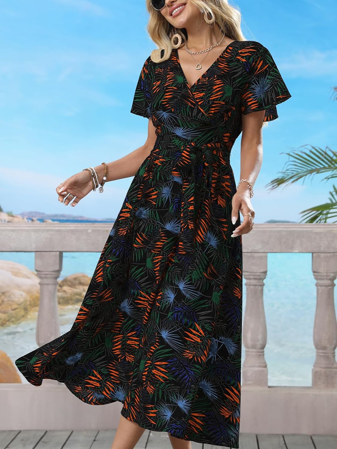 Women's Boho Summer Wrap Midi Dress - Palm Leaf Floral Print V-Neck Ruffle Short Sleeve Casual Beach Vacation Dress - Image 4