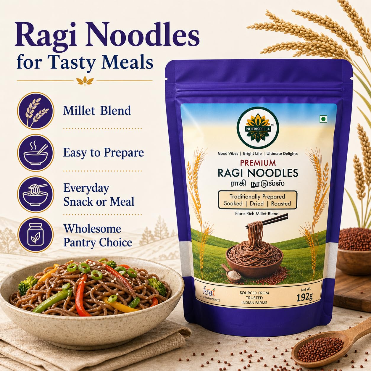 Nutrispella Ragi Millet Noodles | Millet Based Traditionally Prepared Pasta | No Added Preservatives | Finger Millet Noodles for Stir Fry And Soup Dishes | 192 g 1