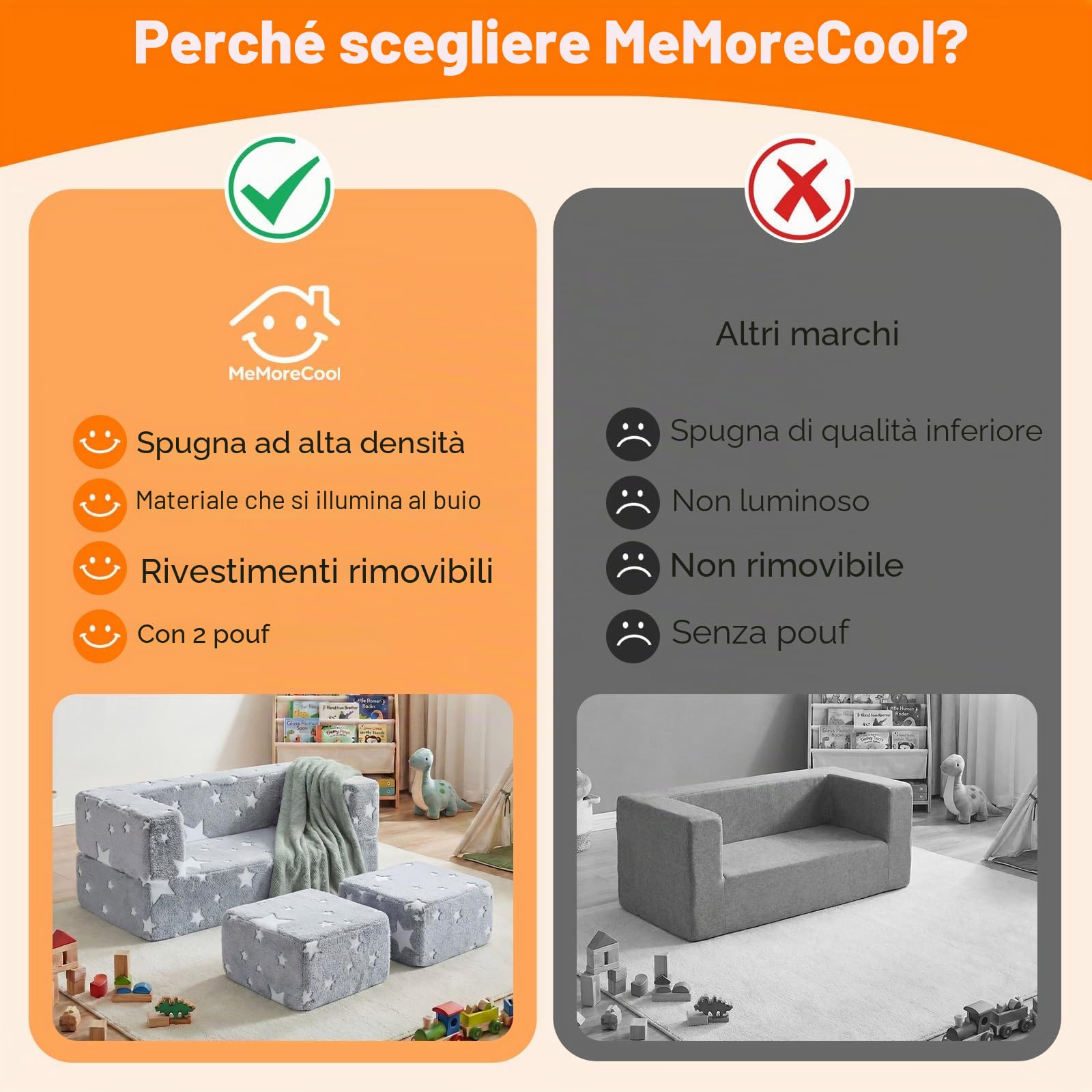 MeMoreCool Divano letto modulare per bambini, si illumina al buio, sedia pieghevole per bambini, mini divano per camera da letto, mobili per la stanza dei giochi, stella grigia