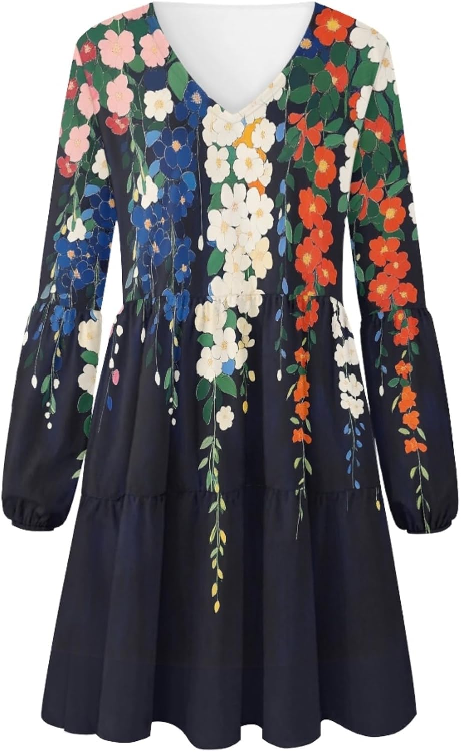 Women 2025 Floral Print Puff Long Sleeve V Neck Smocked Midi Casual Dress Empire Waist Tiered Swing Flowy Dress - Image 3