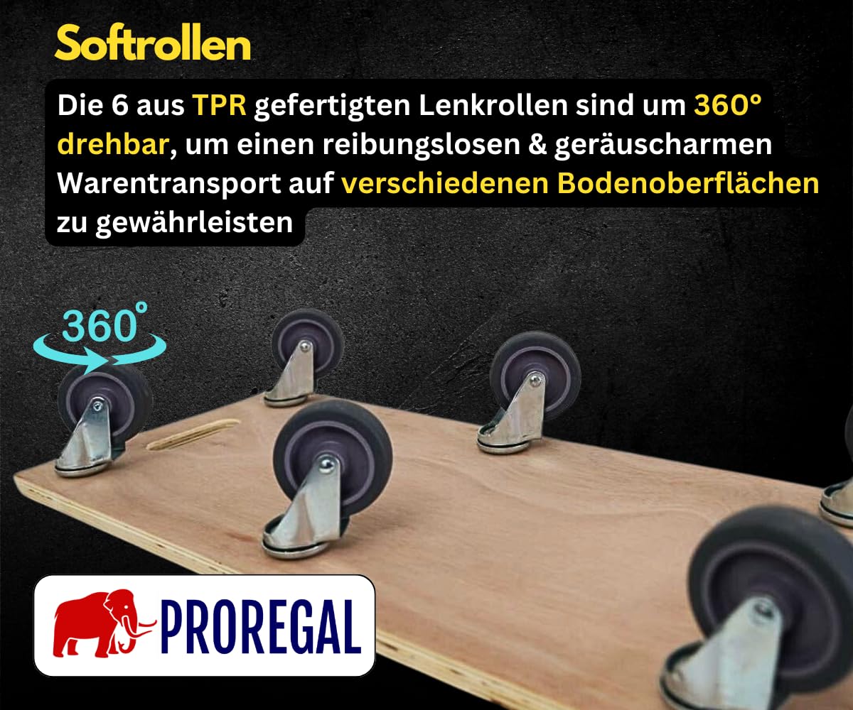 PROREGAL Profi Transportroller Hercules 30x68 cm Schwerlast bis 300 kg mit 6 Gummirollen & Griff, Sperrholzplatte, Rollbrett für Möbel Möbelroller Transporthilfe für Umzug Pflanzen Werkstatt