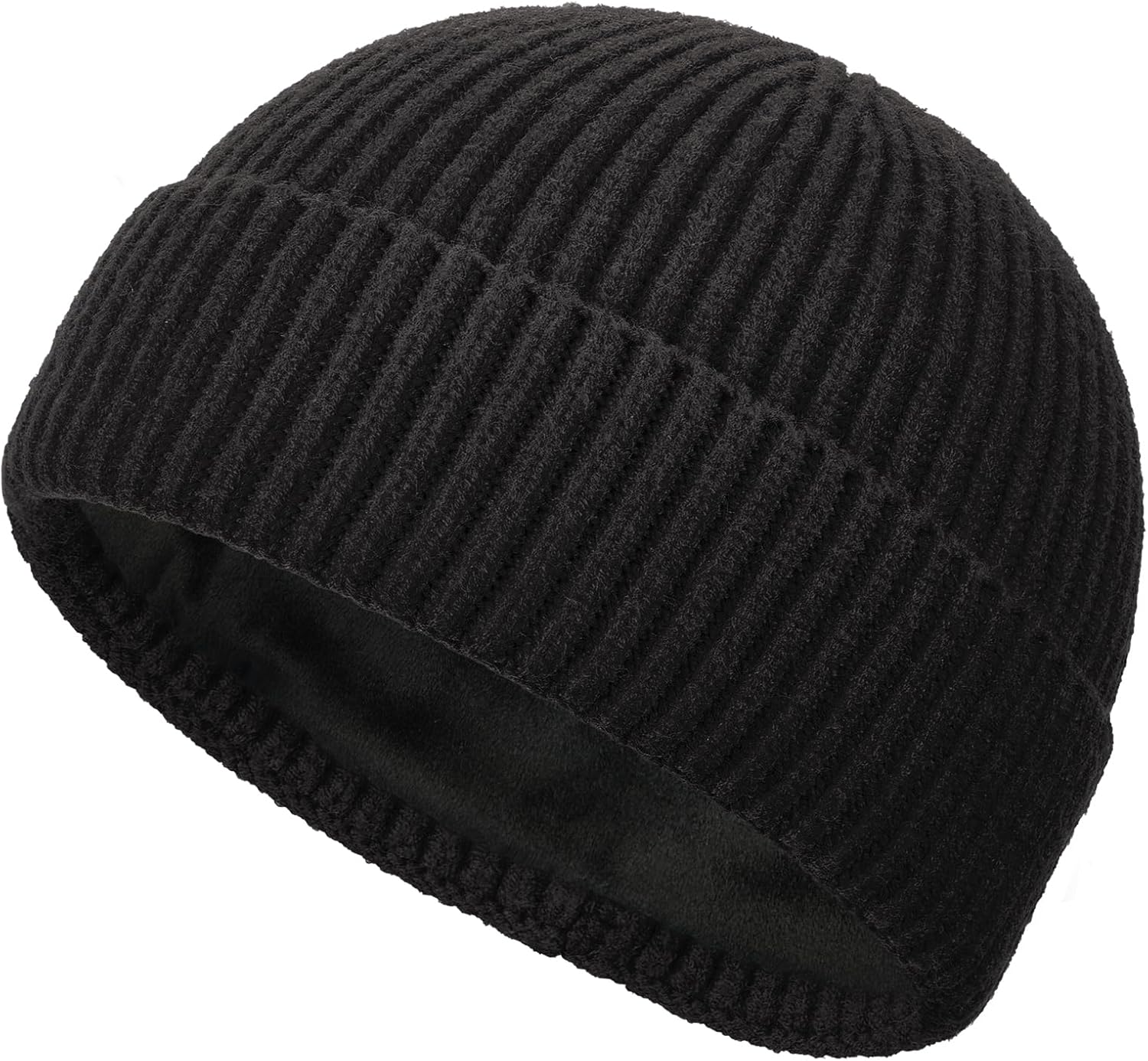 Short Wool Fisherman Beanie for Men Women, Fleece Lined Trawler Beanies Knit Cuffed Winter Warm Hat Skull Cap