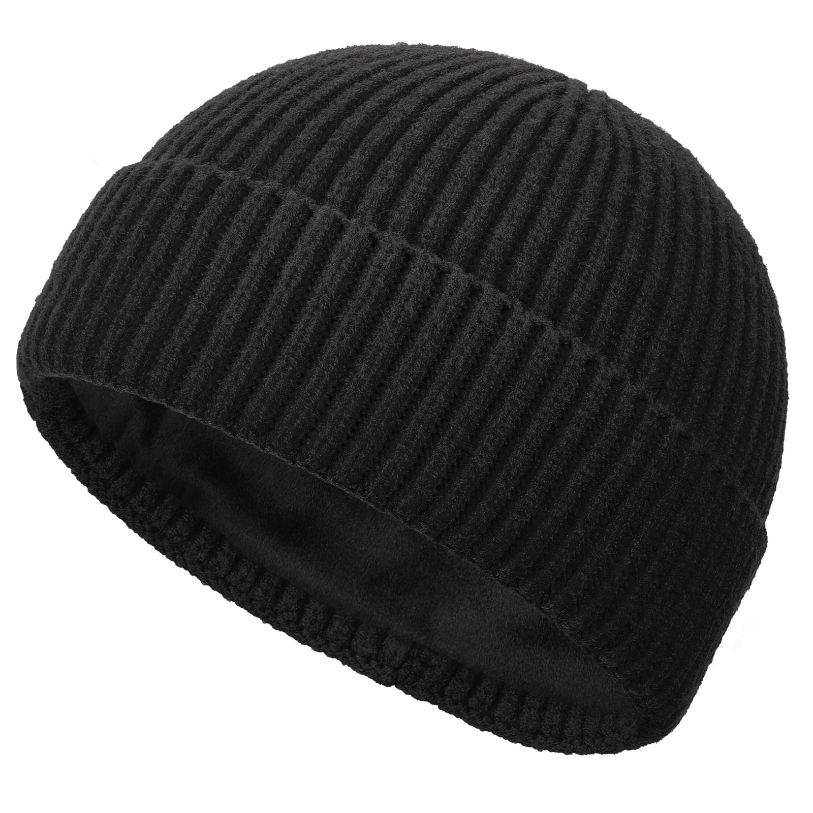Short Wool Fisherman Beanie for Men Women, Fleece Lined Trawler Beanies Knit Cuffed Winter Warm Hat Skull Cap