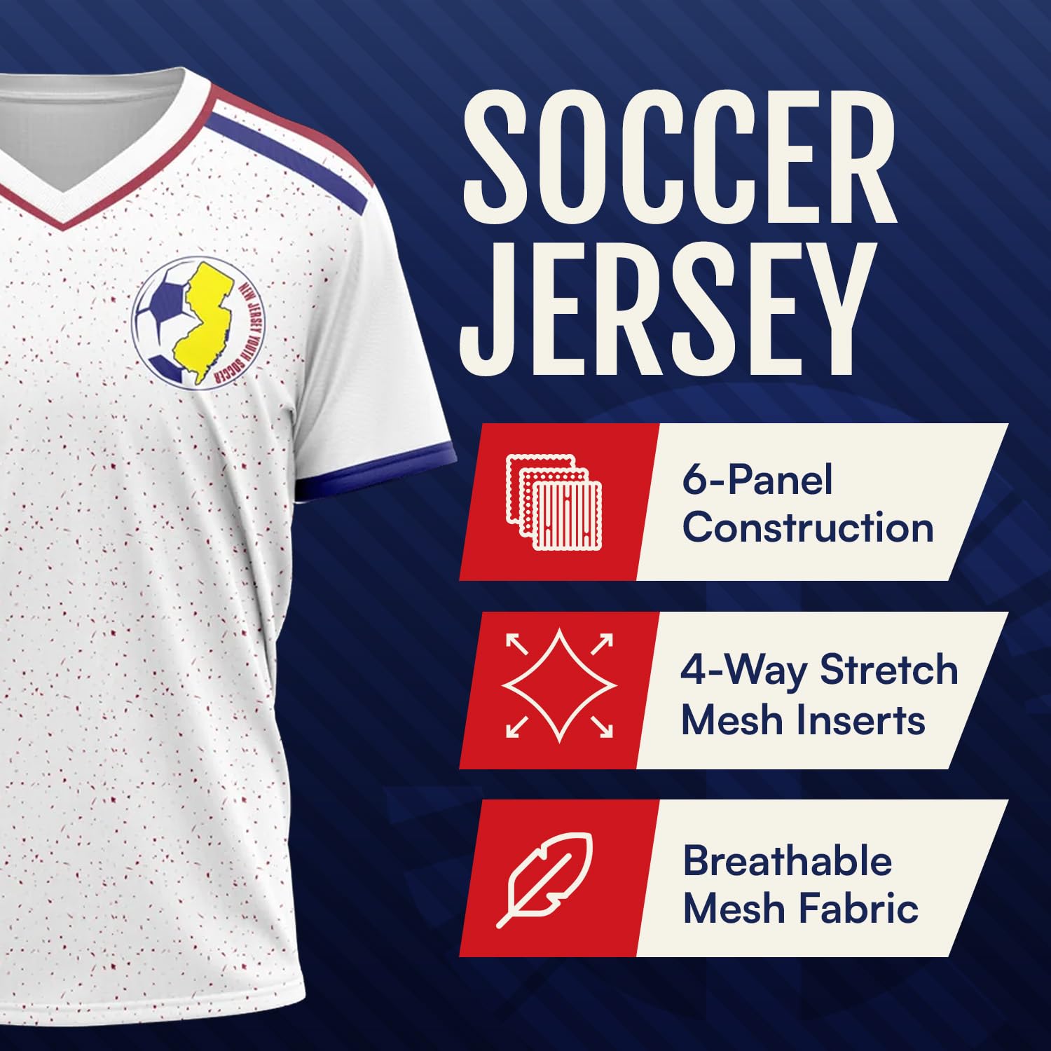 Custom Soccer Jersey for Men & Youth, V-Neck Collar, Breathable Fabric, Personalized Football Jerseys with Name, Logo and Numbers, Practice and Game Play, XL White/Red/Blue