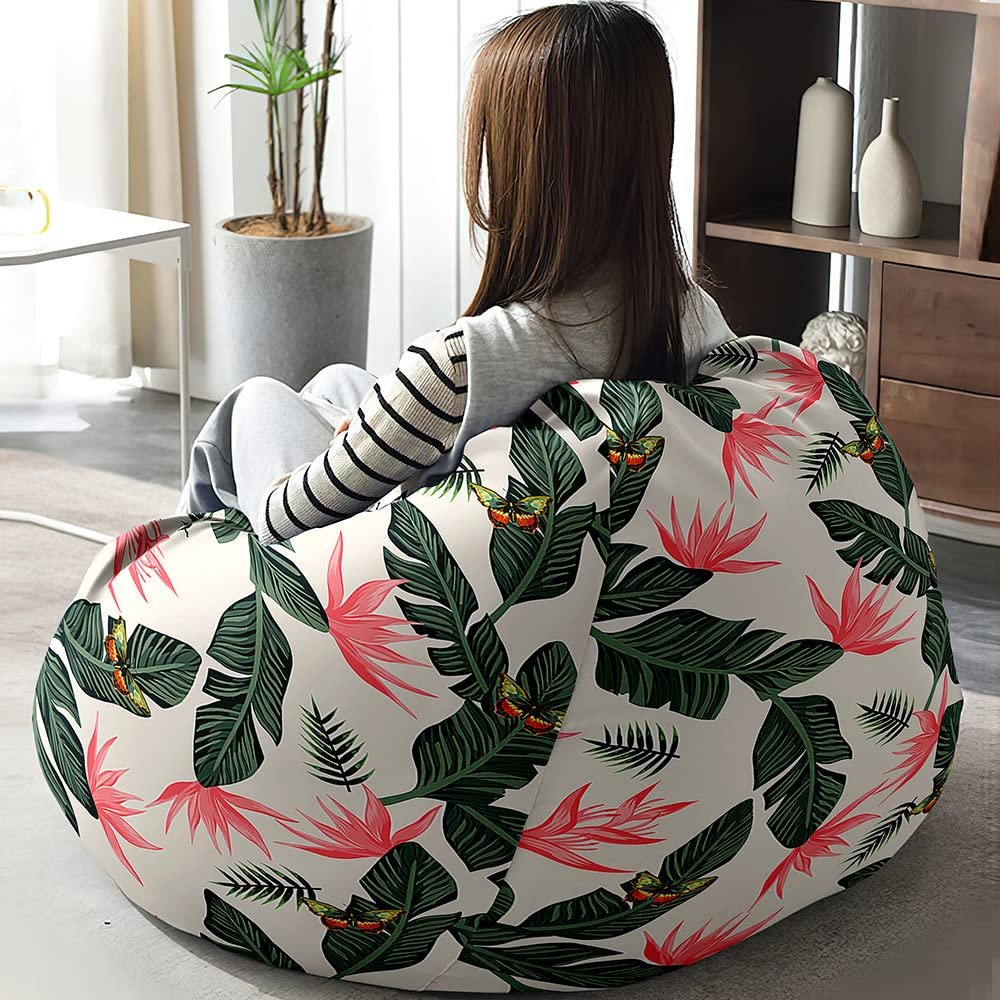 Pouf Poire Treer Housse De Pour Adulte Et Enfants,sans Remplissage,Motif Plantes 3D Coton Et Lin Lavable Pouf Salon Sofa Housse De Fauteuil Poire Pour Jeux,Détente (Forêt Tropicale,90x110cm Poire Pouf