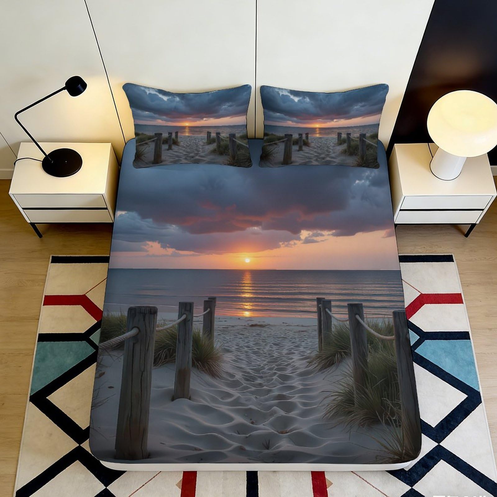 Kzqnxhjprl Style-4 3D Printed Sunset Beach Fitted Sheet Microfiber Soft Anti-Slip Ocean Path Mattress Cover Bedroom Decor 90X200x25cm