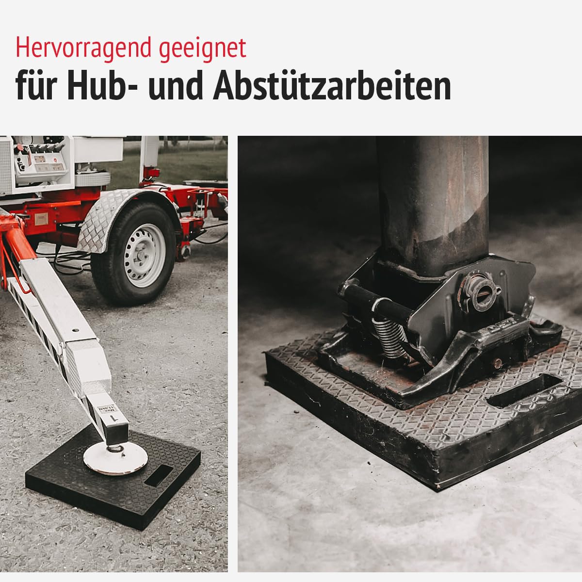 Unterleg-Schutzplatte aus Hartgummi 400x400x50 mm für Stützfüße und Ausleger | Unterlegplatte für Kran, Container, Gerüstbau, LKW