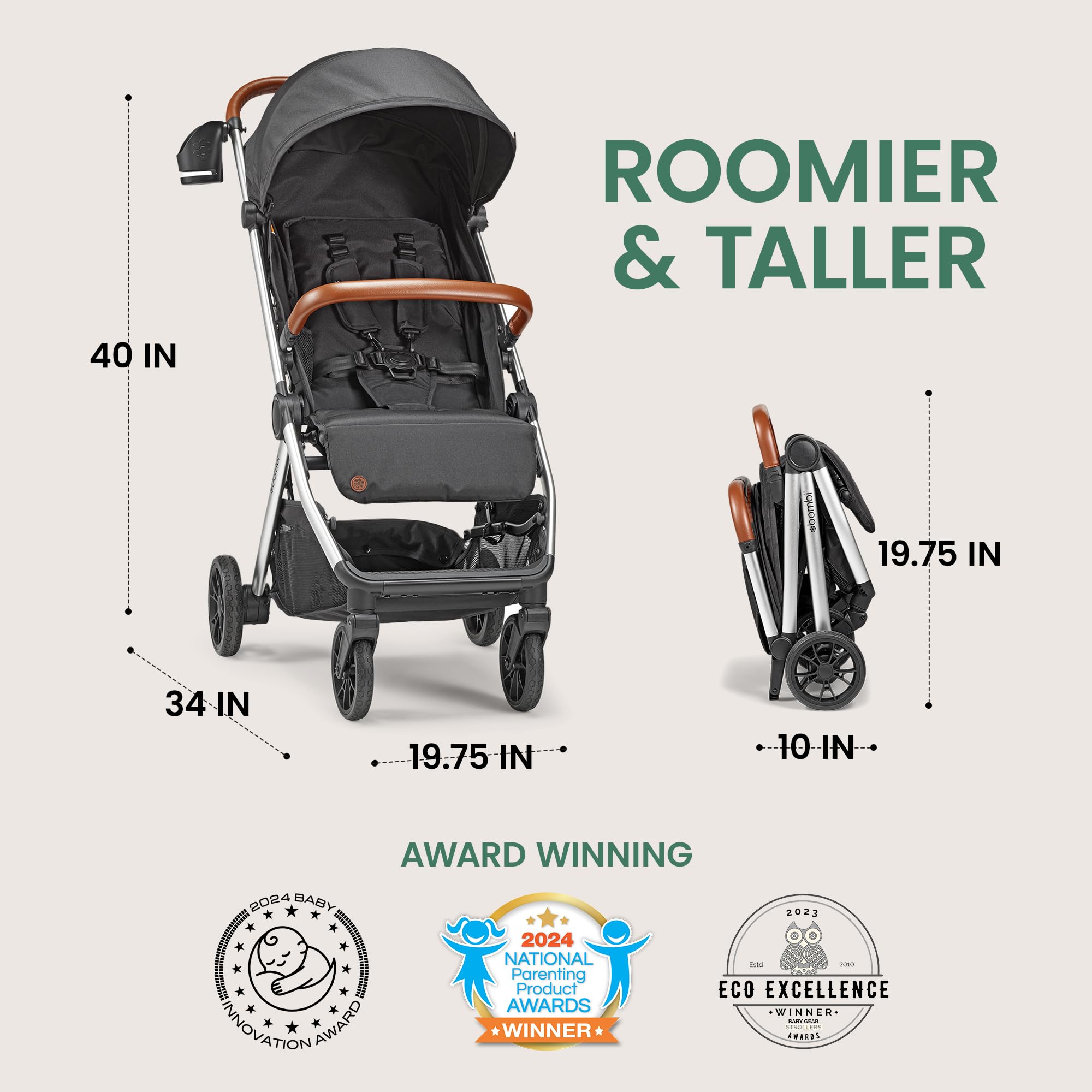 Bombi B?bee V2 Lightweight Baby Stroller - Premium Vegan Leather, One-Hand Fold, Infinite Recline, Aircraft-Grade Aluminum Frame, XXL Canopy, and Ample Storage Umbrella Stroller - Midnight Black