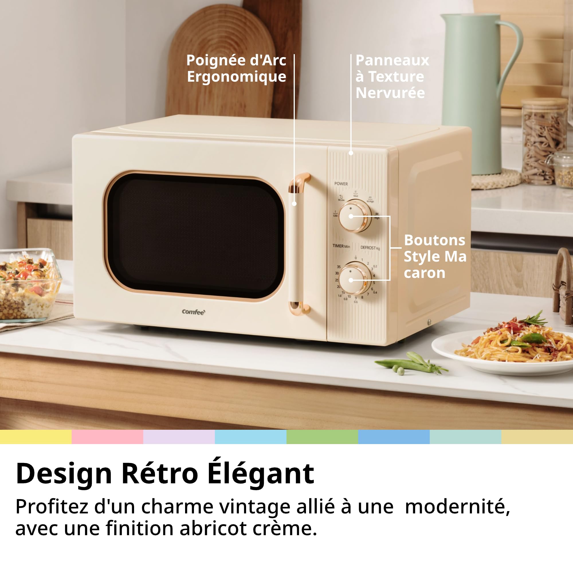COMFEE' CMO-M202NC(CM) Micro-Ondes Vintage Rétro Élégant Avec 5 Niveaux De Puissance, 700 W, 20 L, Minuterie Réglable 0-35 Min, Commandes Simples, Éclairage Intérieur, Crème Abricot