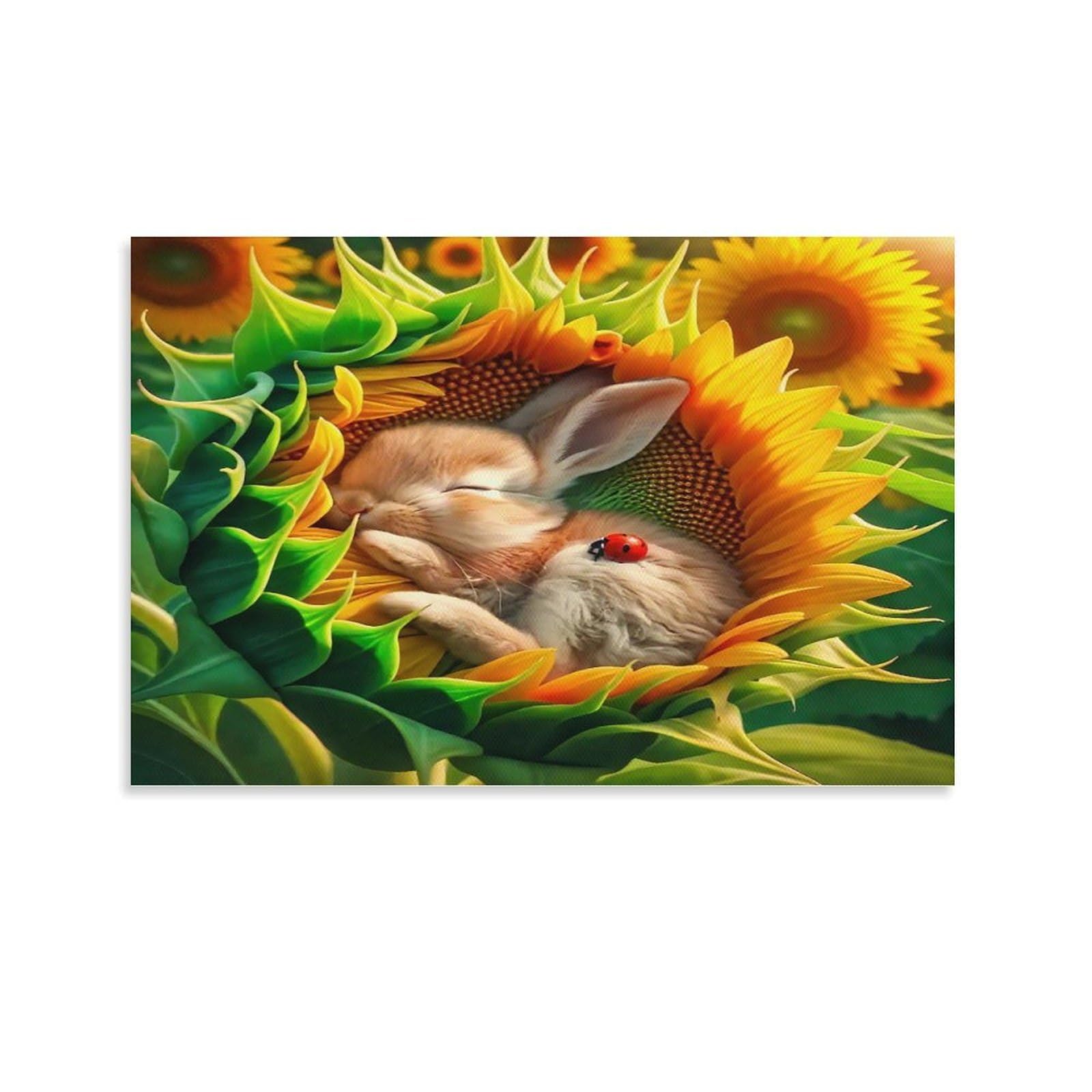 CPLVKWRQJ Snowy Bunny with Red Scarf Single Piece Tiny Bunny Sleeping Inside Sunflower Canvas Wall Decor - Office Canvas Print Fade Resistant Wall Focal Art Decor 24x36inch(60x90cm)