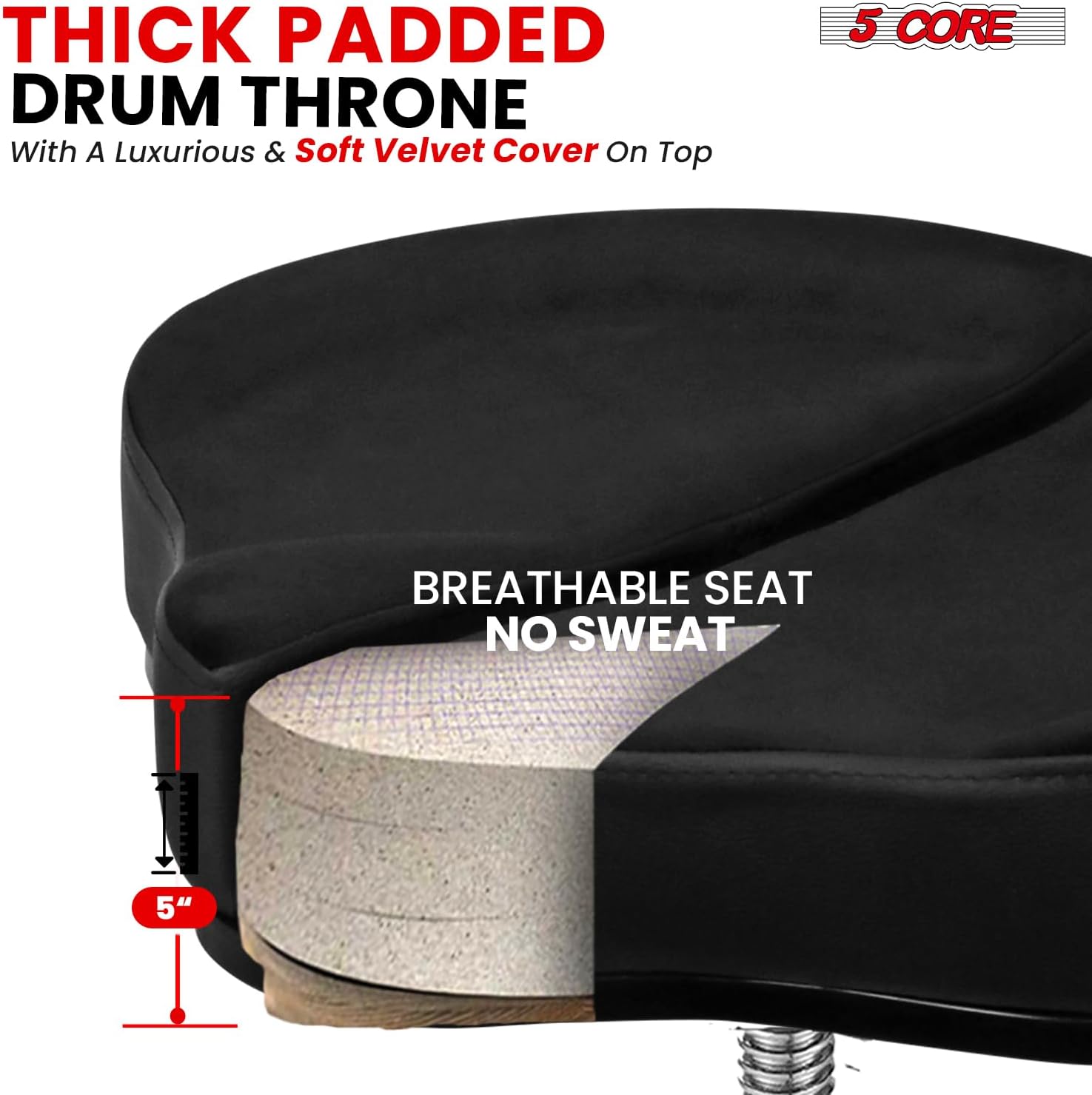 5 CORE Drum Throne 5 Inch Padded Velvet Top Split Spine Support Seat 441Lb Capacity Chair w Backrest for Adults and Kids Black - DS GT BLK-VEL BKREST