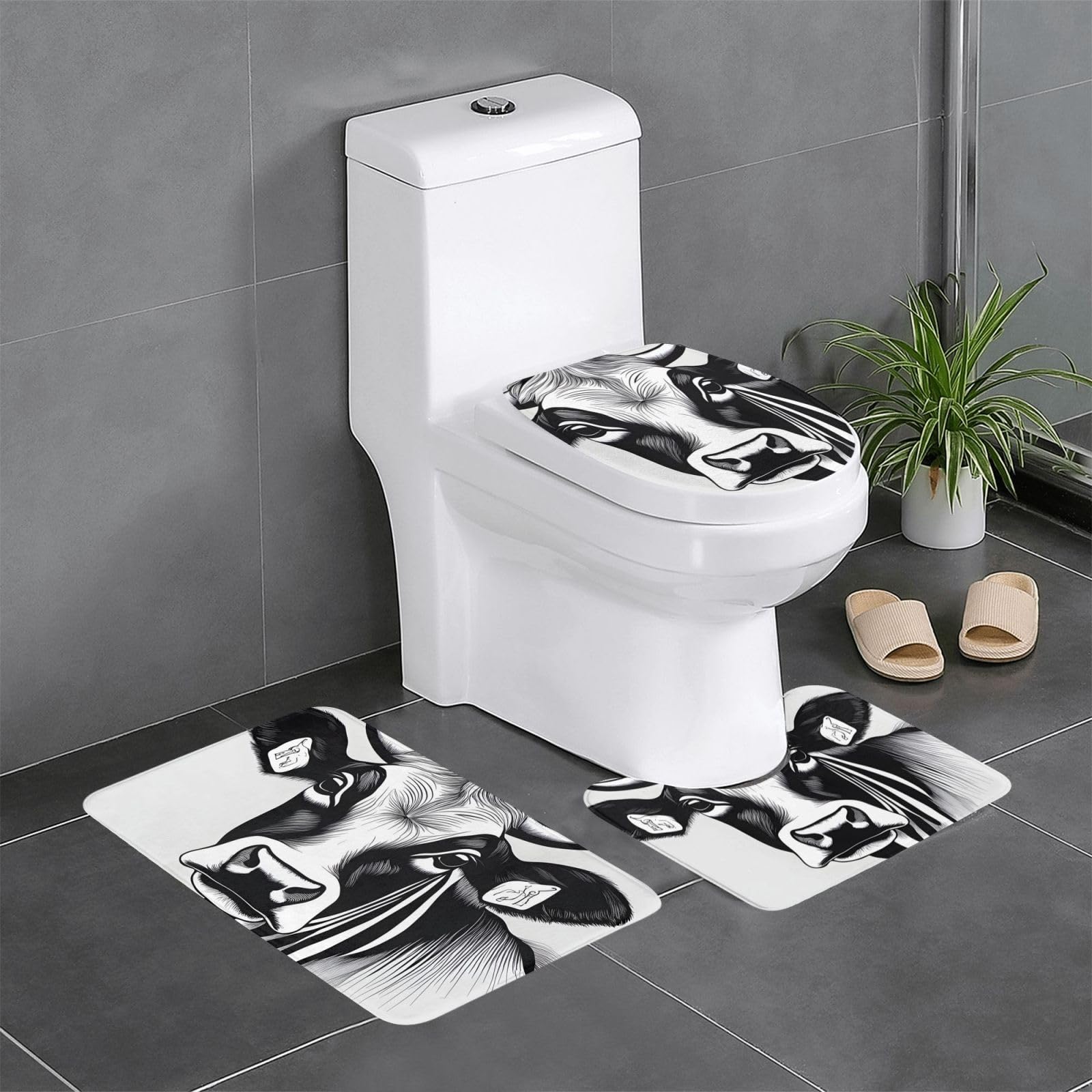 Tapis de bain motif vache noir et blanc : lot 3 pièces antidérapantes et absorbantes