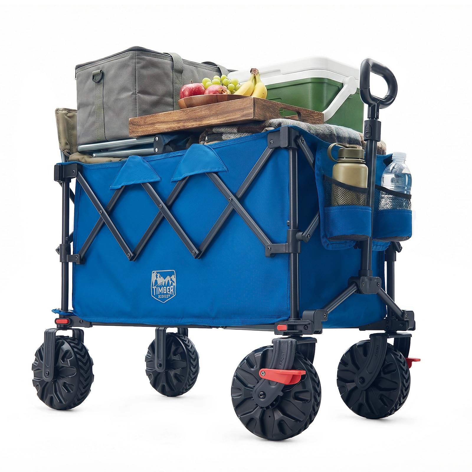 TIMBER RIDGE Folding Festival Trolley on Wheels 250L Foldable Camping Trolley with Brakes, Cup Holder & Adjustable Handle, 150kg Heavy Duty Beach Wagon Cart for Camping Shopping Outdoor Garden Picnic