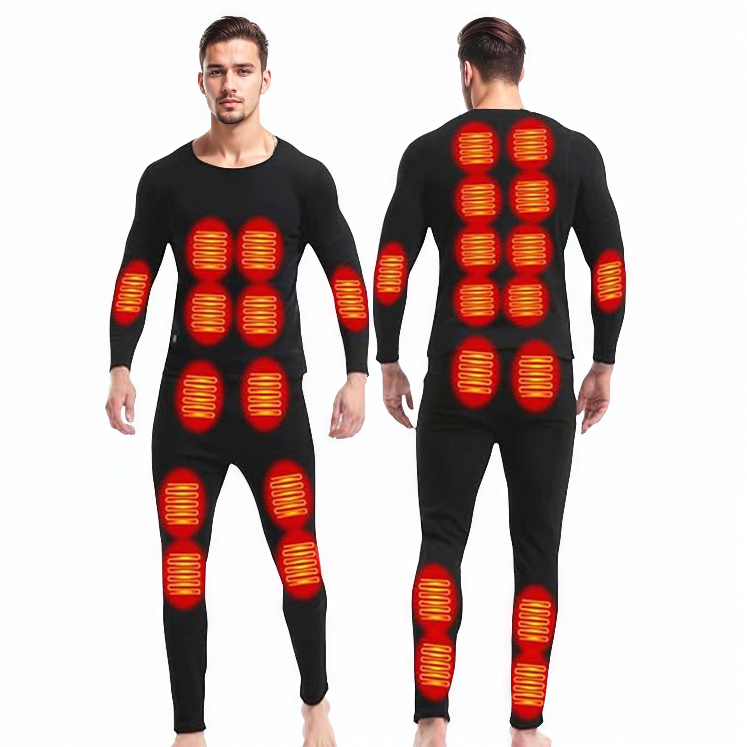 Ghkwxue Men's Black Winter Heated Thermal Underwear Set Usb Constant Temperature 28 Zone Intelligent Heated Thermals Top And Bottom Set,Suitable For Cold Winter Thermal Underwear For Skiing&Black/L