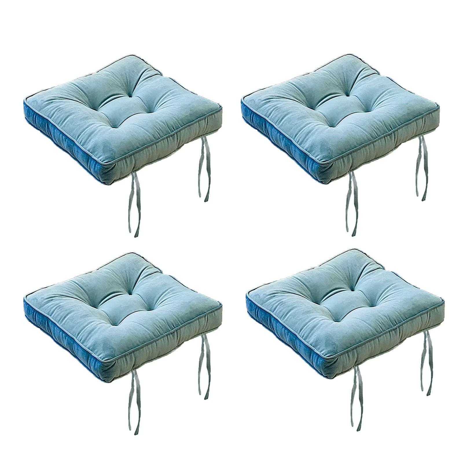 ZIBENE Set Of 4 Dining Chair Cushions with Ties Soft Comfort Non Slip Square, Velvet Seat Cushions for Kitchen Chairs Washable, High Elastic Peal Cotton Extra Thick Filling Andti-Deformation Cyan