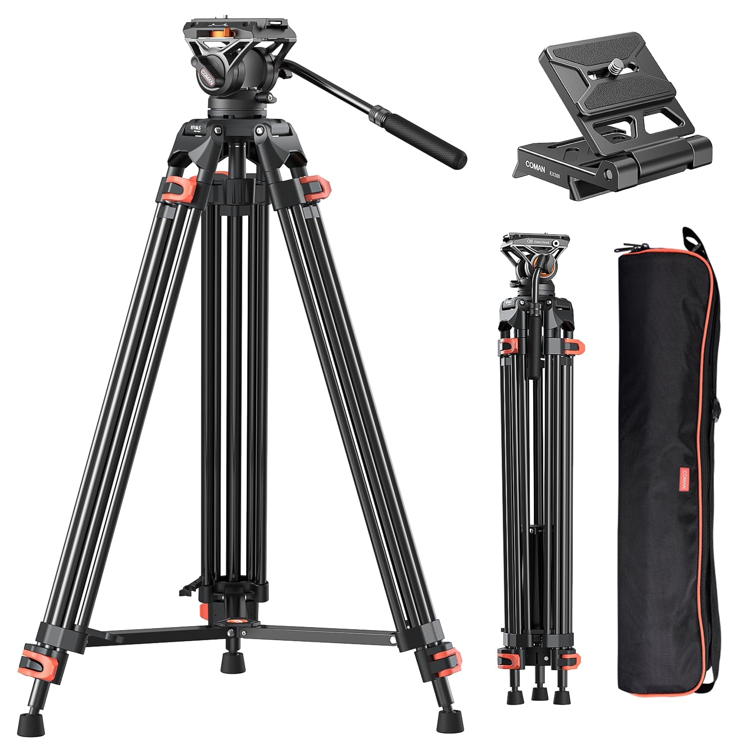 COMAN 186CM Video Kamerastativ - Aluminium Mit Camera Tripod 360°-Fluidkopf,QR Platte Kompatibel mit Fotostativ DJI RS Gimbals, Robustes Stativ für DSLR Kamera und Camcorder,Max Load 10kg