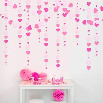 52Ft Hot Pink Love Heart Garland Rose Pink Hanging Paper Streamer for Birthday Wedding Baby Bridal Shower Anniversary Bachelorette Engagement Mother's Day Valentine Minnie Flamingo Theme Party Decor