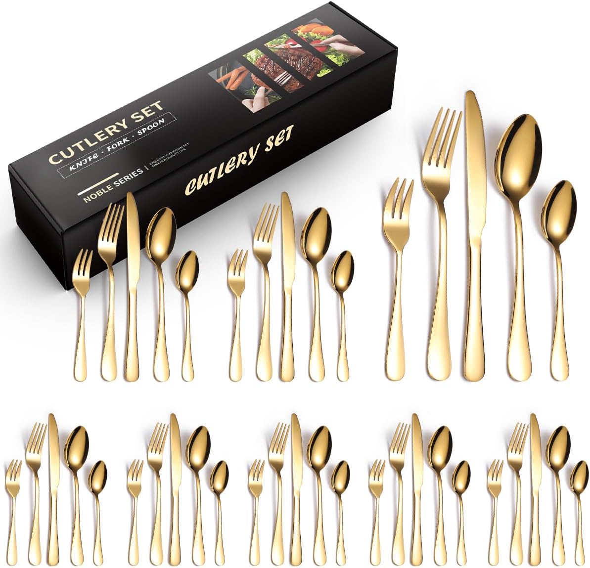 40 Piece Cutlery Set, Knife, Fork, Spoon, Tableware Cutlery Service for 8, Stainless Steel Sets High-Grade Mirror Polishing Cutlery Set (Gold)
