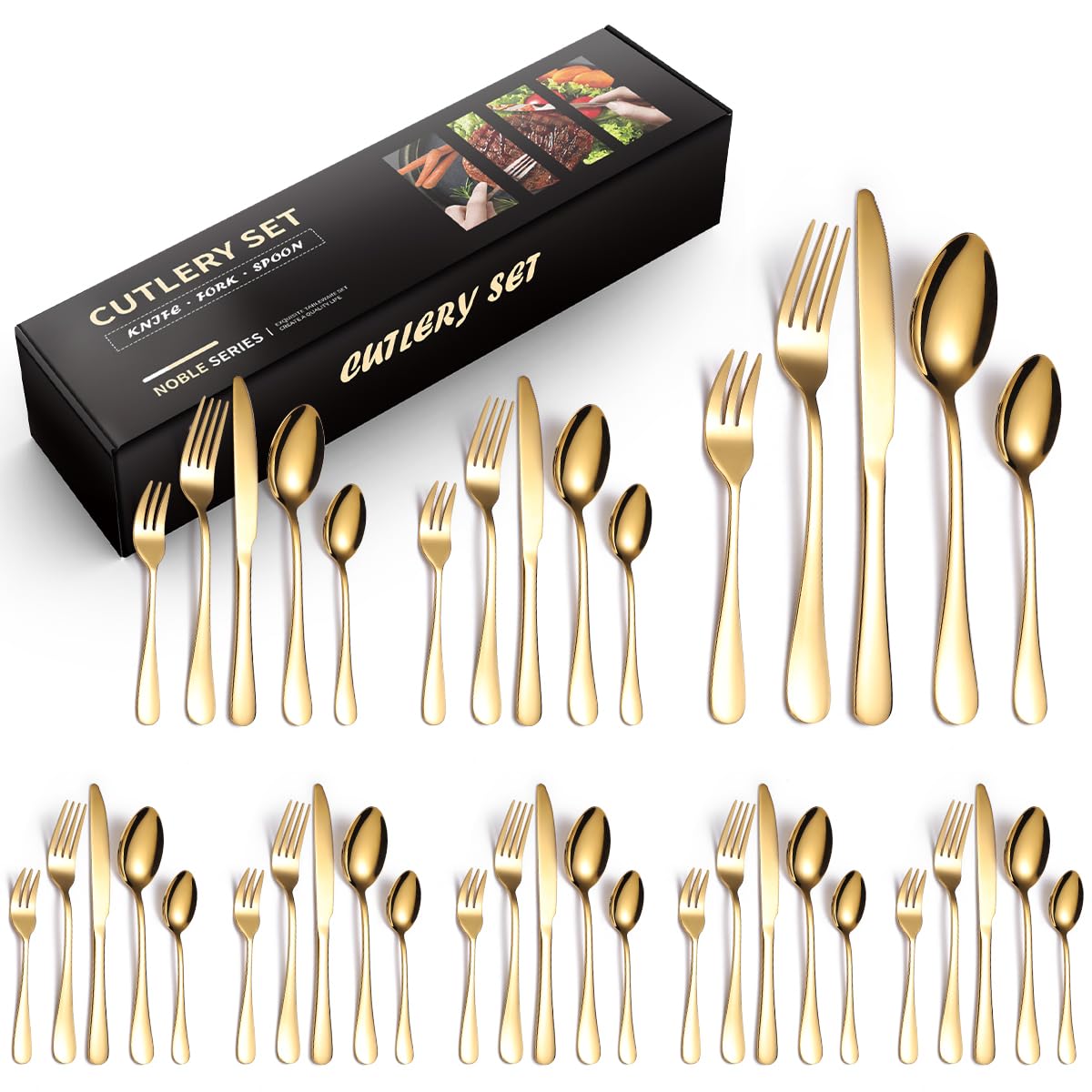 40 Piece Cutlery Set, Knife, Fork, Spoon, Tableware Cutlery Service for 8, Stainless Steel Sets High-Grade Mirror Polishing Cutlery Set (Gold)