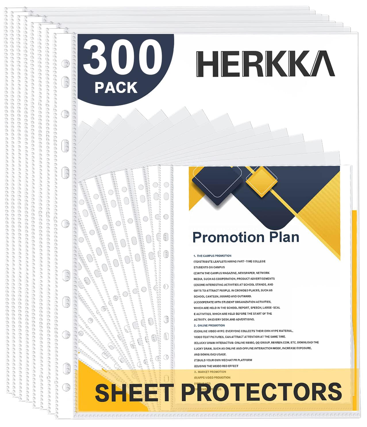 Sheet Protectors, HERKKA 300 Pack Heavy Duty Clear Plastic Page Protectors Sheet Reinforced 11-Hole Fit for 3 Ring Binder Fits Standard 8.5 x 11 Paper, 9.25 x 11.25 Top Loaded, Non-Acid