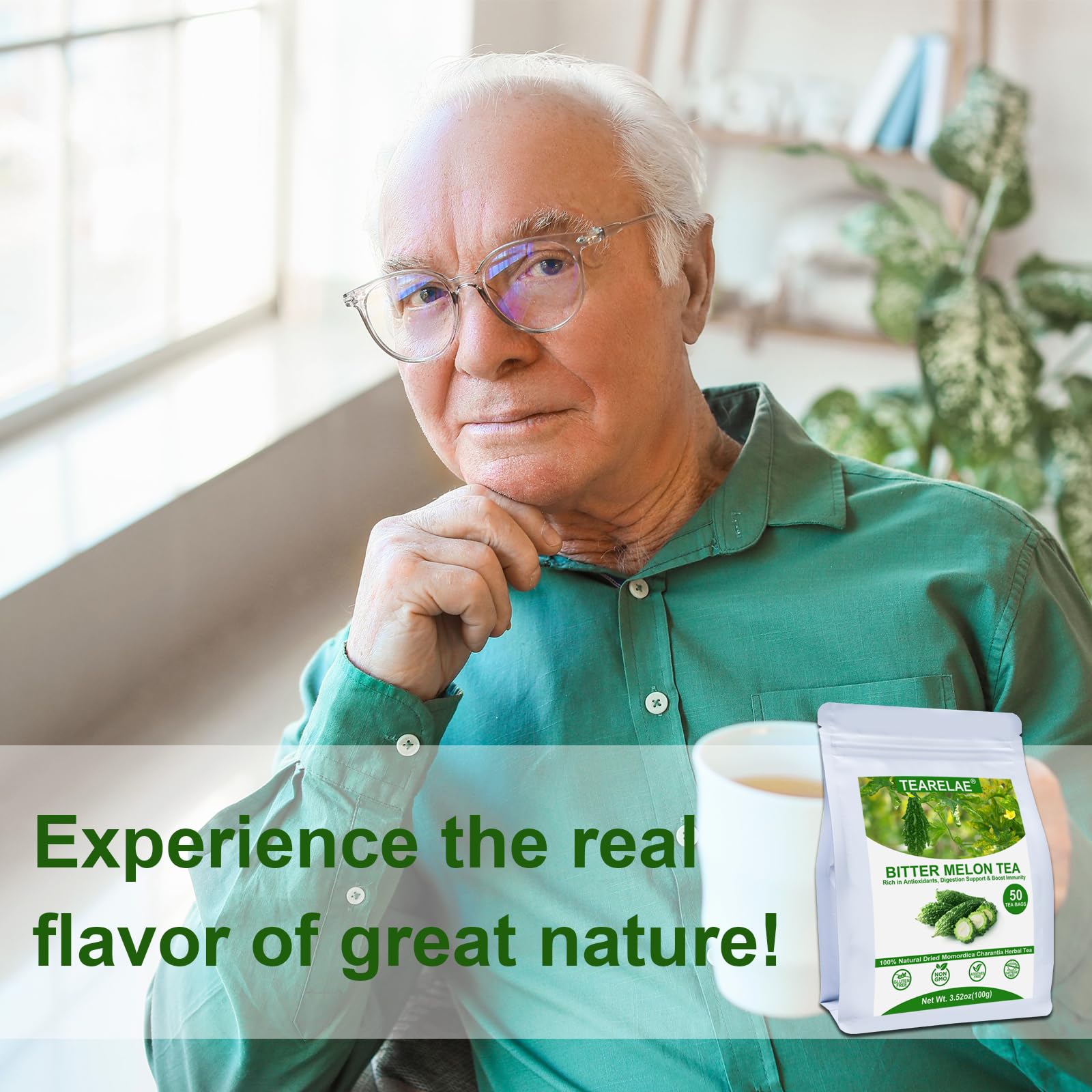 TEARELAE - Ginseng Tea, 40 Count - Pure Ginseng Root Tea Bags - Smooth Flavor - Boost Energy and Focus - Non-GMO - Caffeine-Free: Bitter Melon Tea 50 Count (Pack of 1)