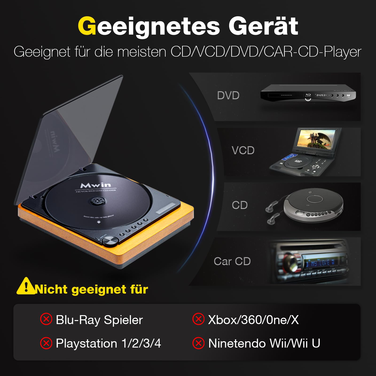Mwin Zestaw do czyszczenia płyt CD, zestaw do czyszczenia soczewek do domowych odtwarzaczy CD/VCD/DVD i Auto