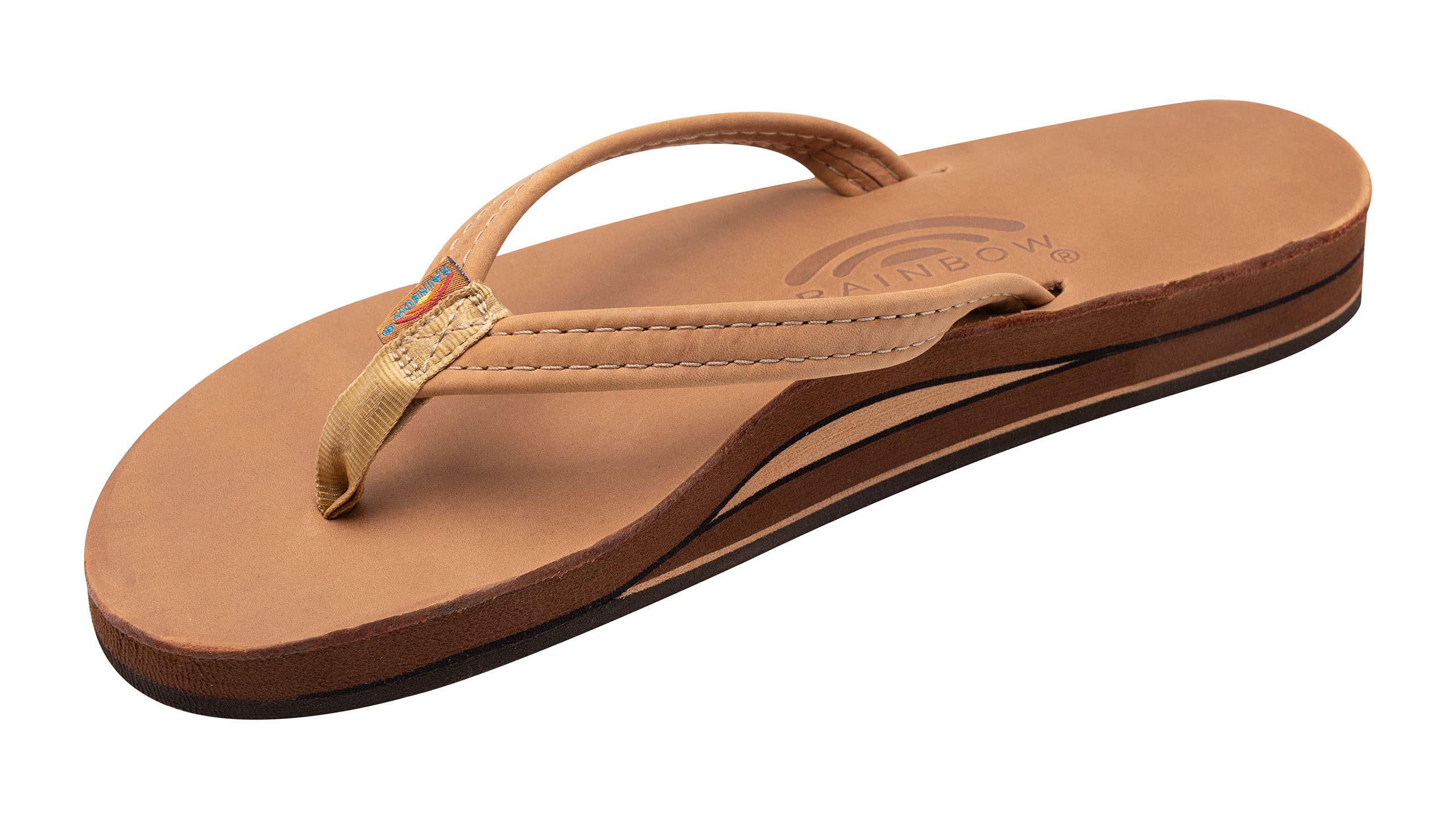 Rainbow Sandals Womens Luxury Leather - Double Layer Arch Support with 1/2" Narrow Straps, Buckskin, Womens size M / 6.5-7.5