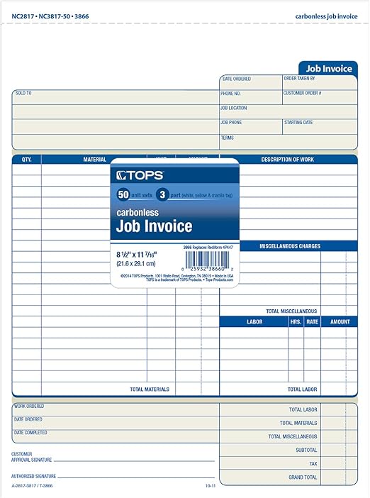 Amazon.com : TOPS Job Invoice with Materials List, 3-Part, Carbonless ...