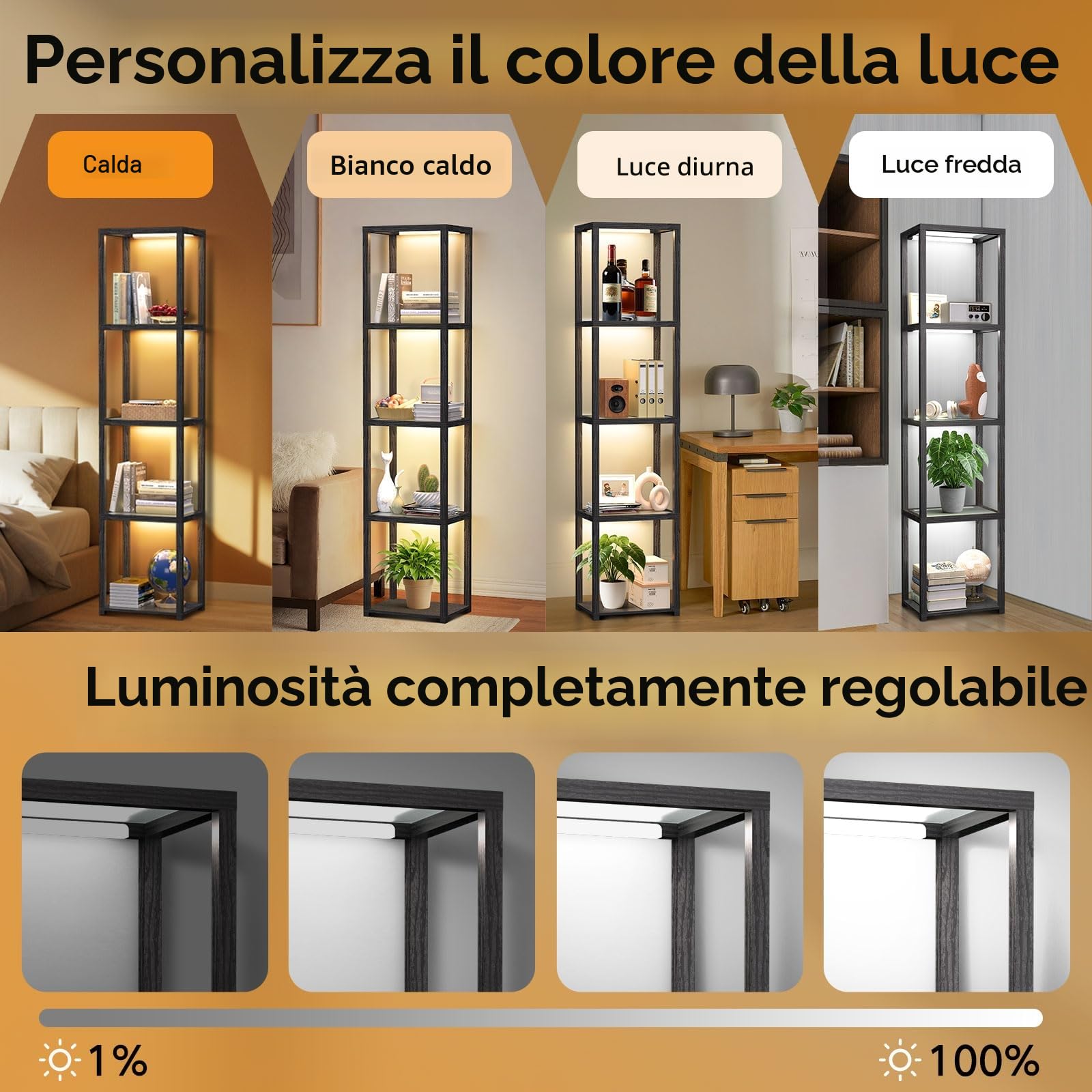 OUTON 170cm Vetrina in Vetro con Luci, Lampada da Terra a LED Dimmerabile con Telecomando e Controllo via App, Libreria Aperta per Oggetti da Collezione per Soggiorno e Camera da Letto, Nera