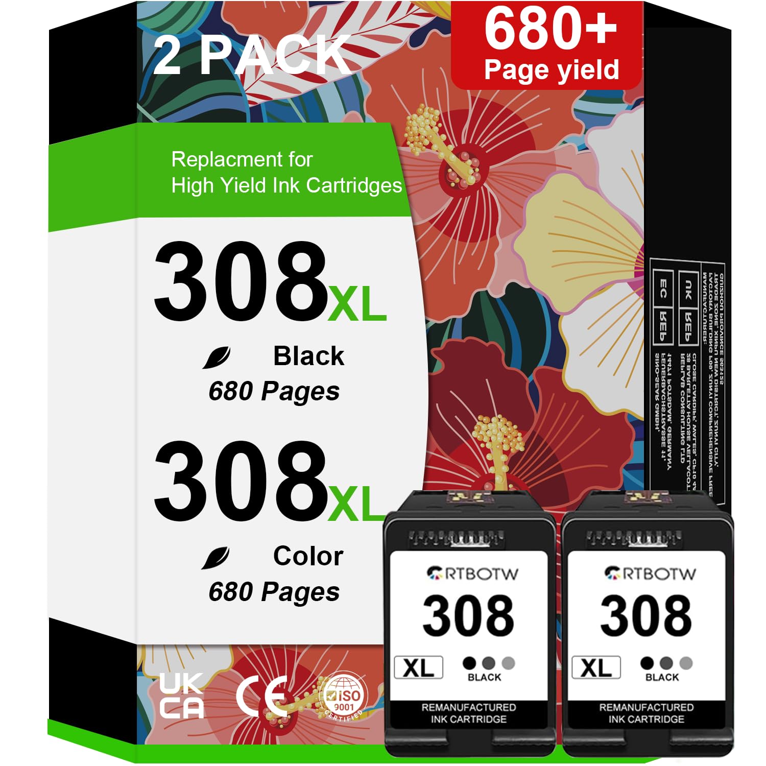 308XL 308 tusz kolorowy, kompatybilny z drukarkami HP 308e, kompatybilny z HP Envy 6110e, 6120e, 6122e, 6130, 6132e, 6532e (2 czarne)